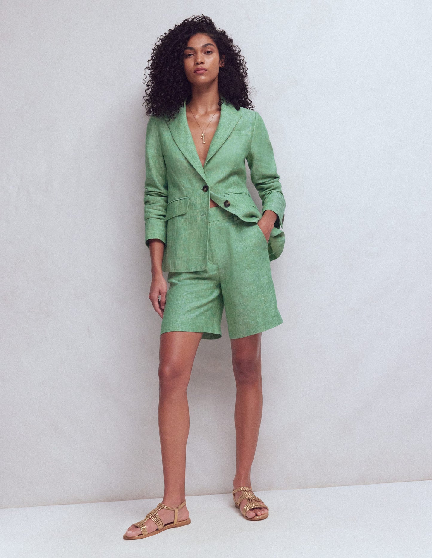 Stamford Linen Blazer-Aloe Green Chambray