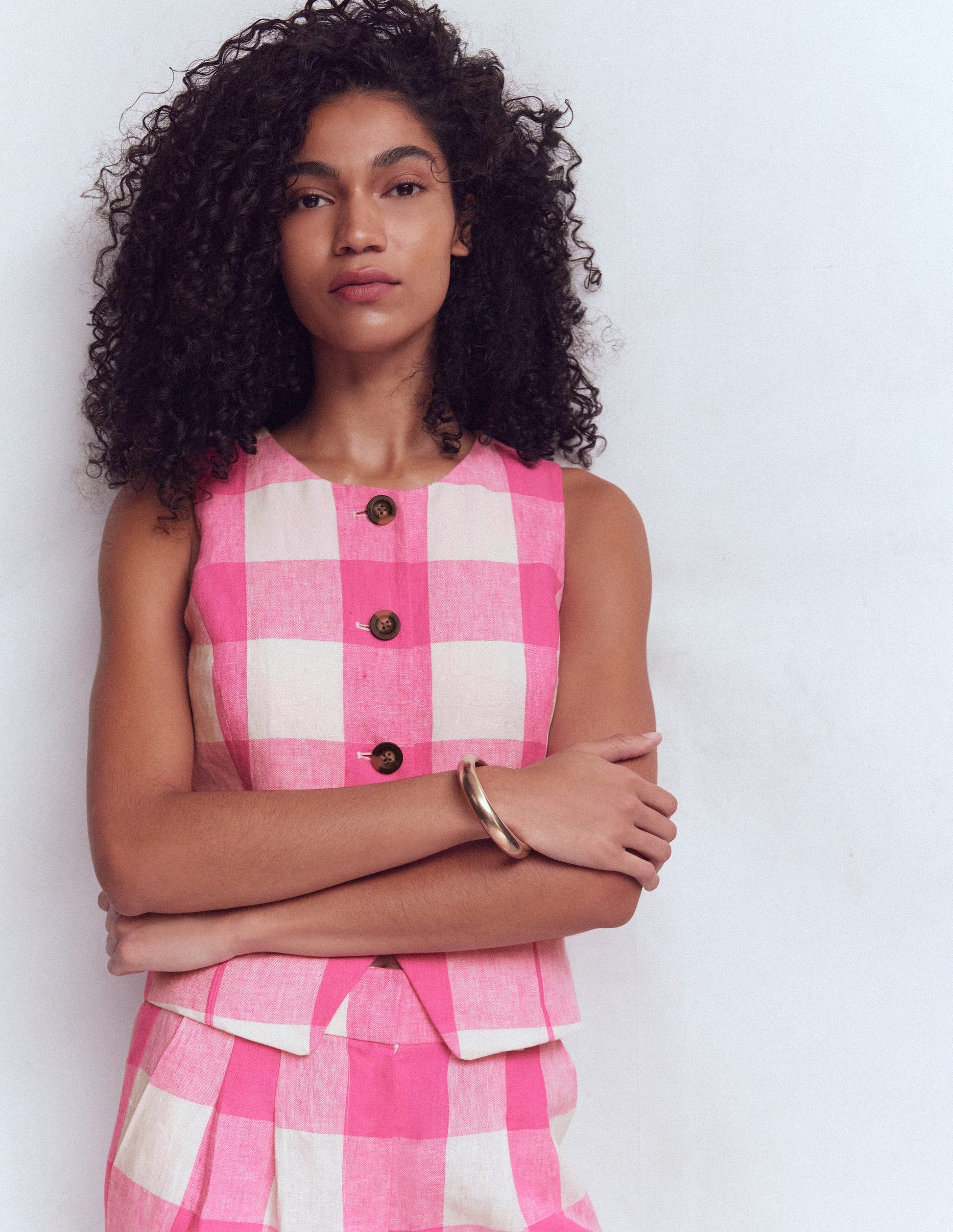 Linen Scoop Neck Waistcoat-Pink Punch Gingham-4