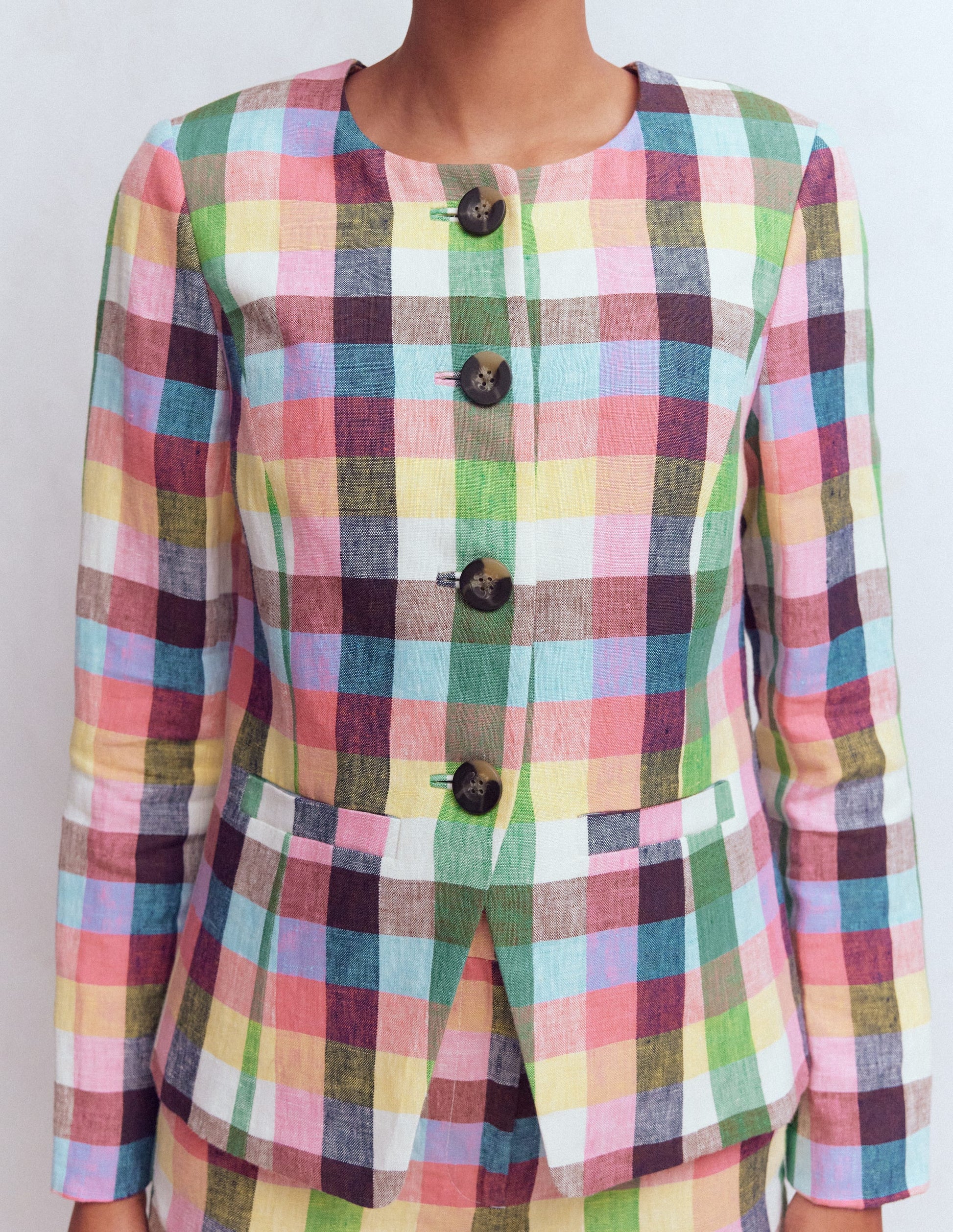 Hampstead Linen Blazer-Soft Yellow, Pink Multigingham-2