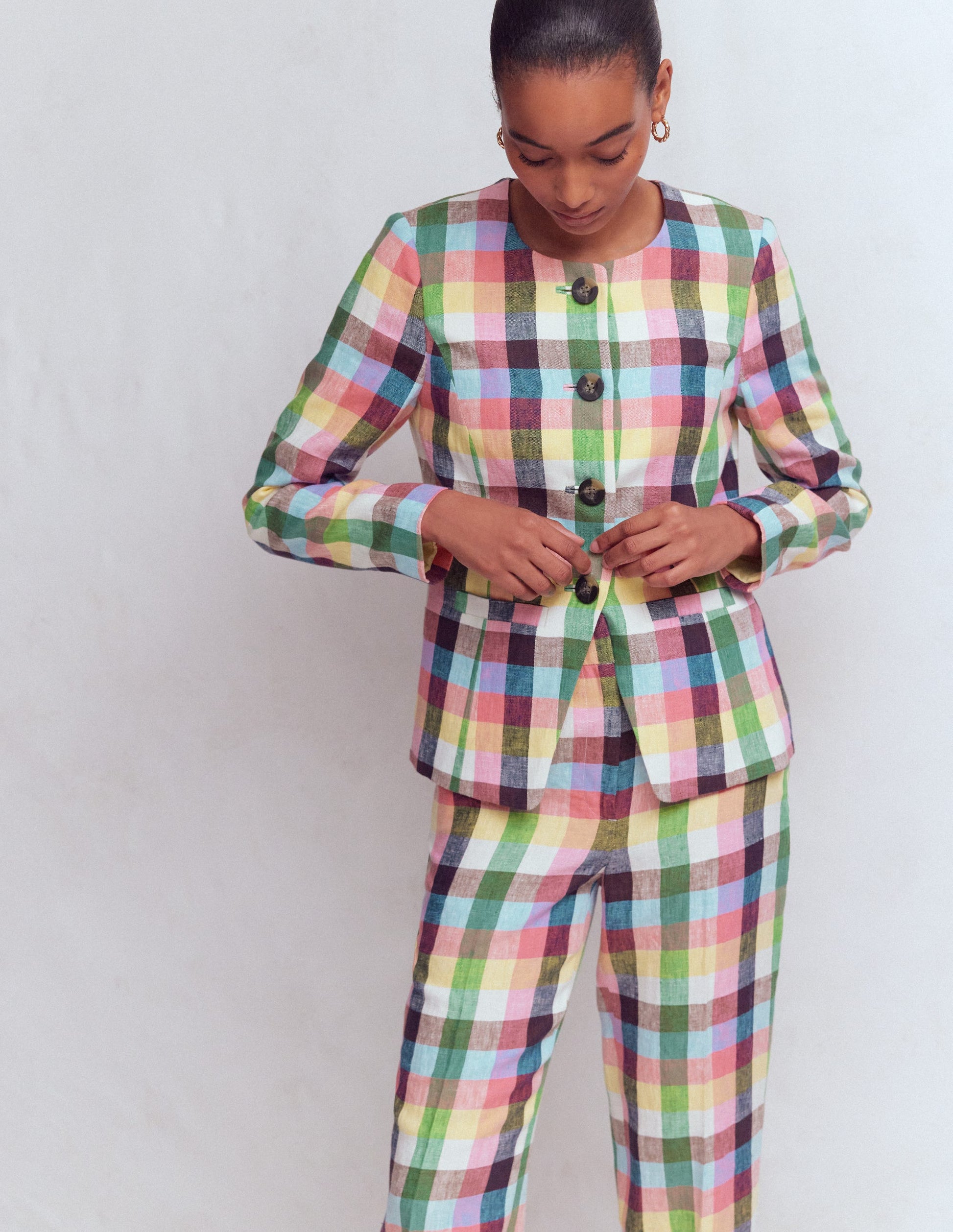 Hampstead Linen Blazer-Soft Yellow, Pink Multigingham-5