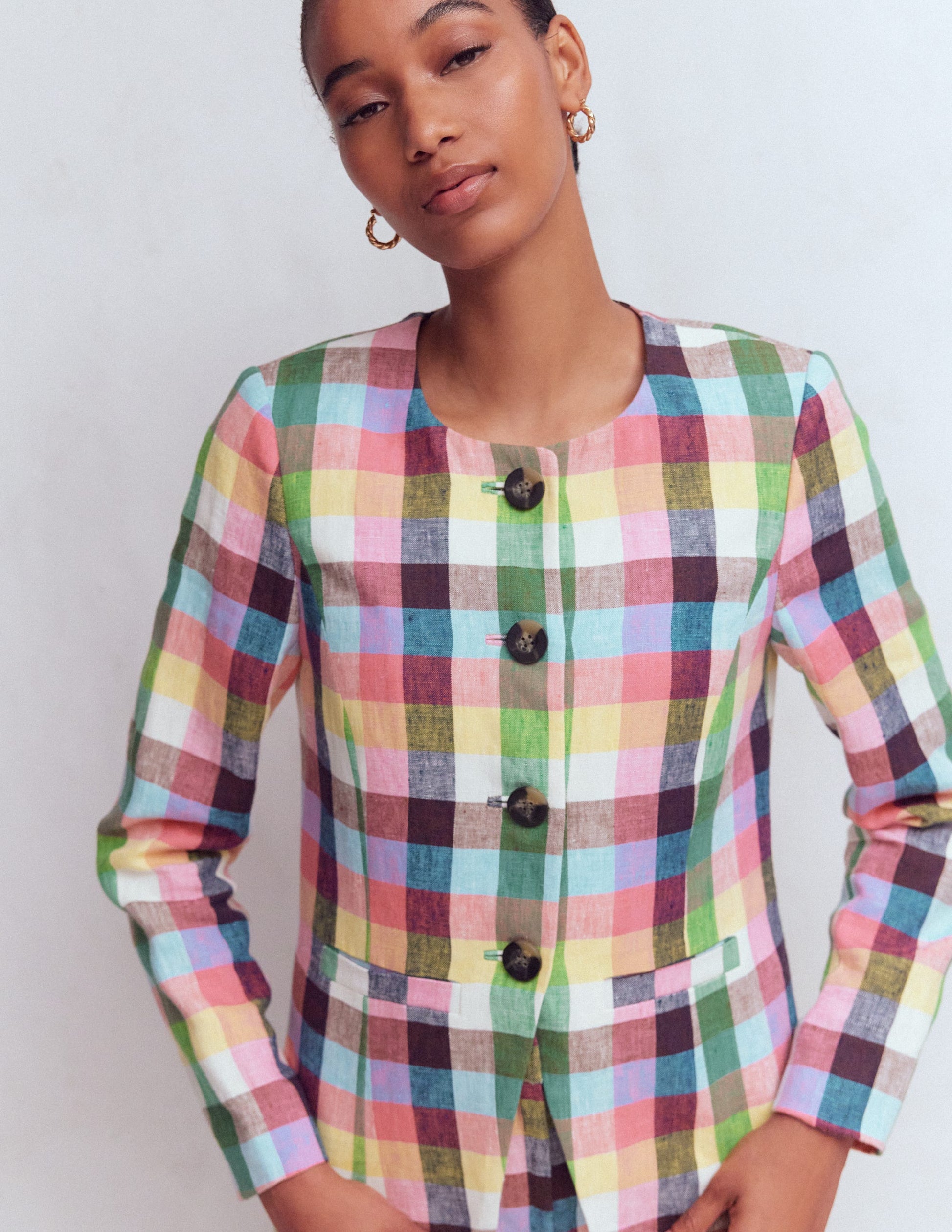 Hampstead Linen Blazer-Soft Yellow, Pink Multigingham-6