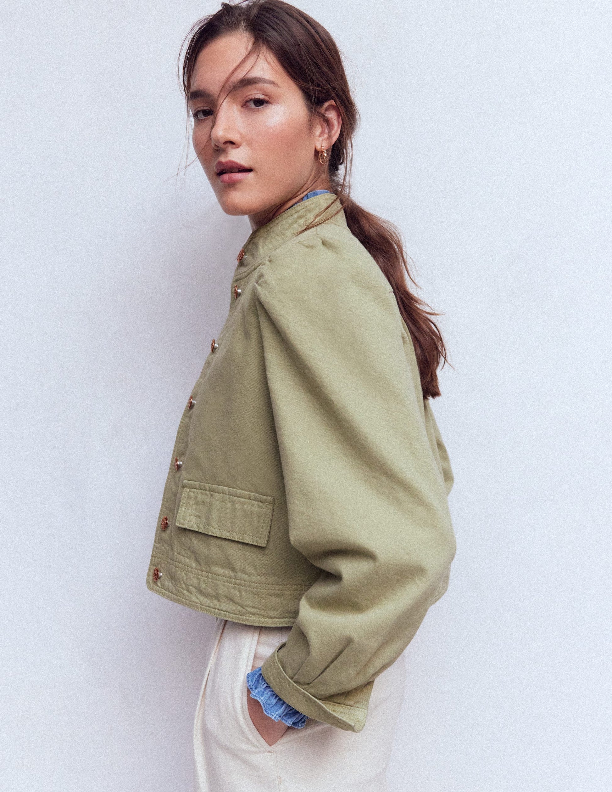 Topstitch Denim Jacket-Soft Green-5