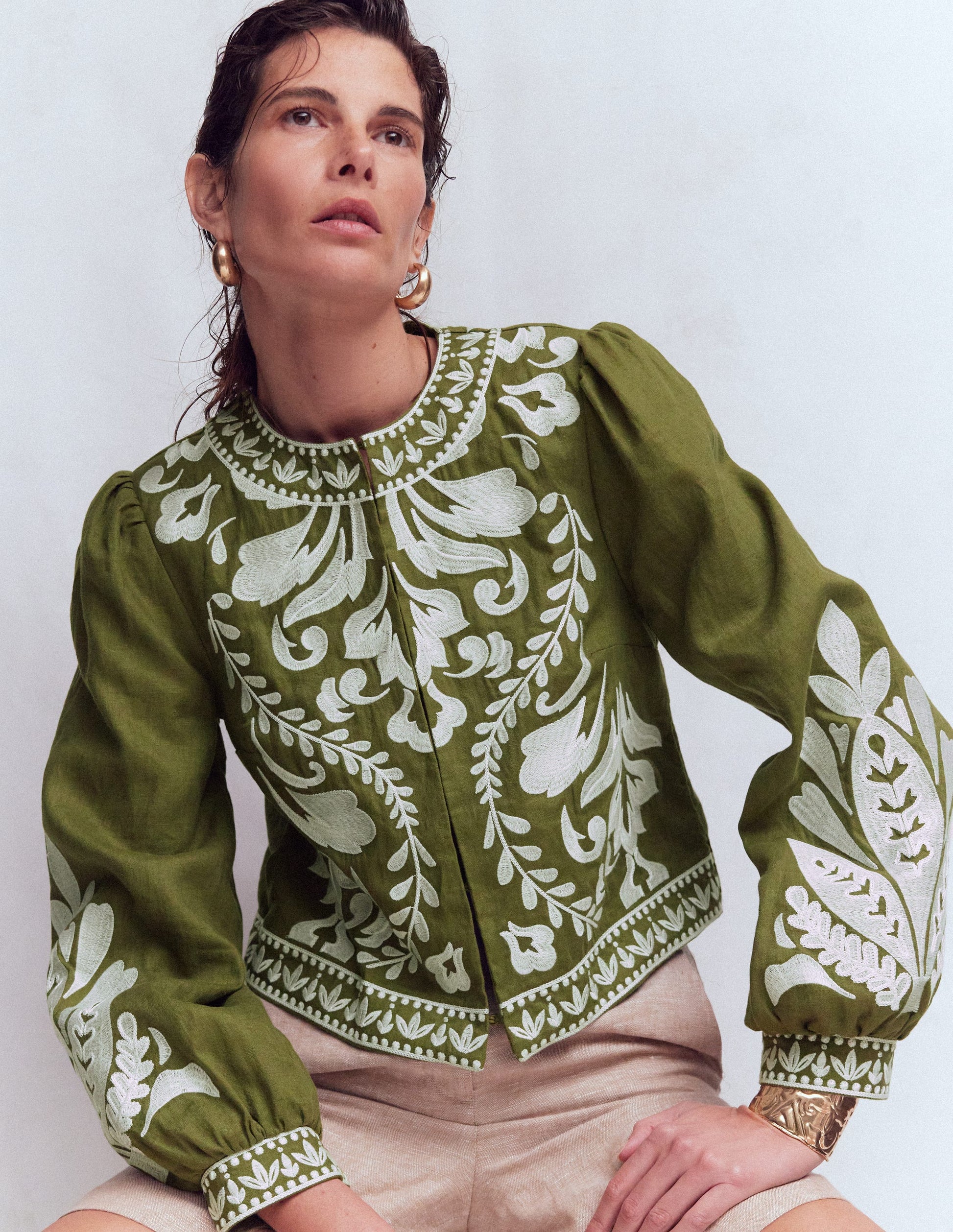 Embroidered Linen Jacket-Woodland Green-2