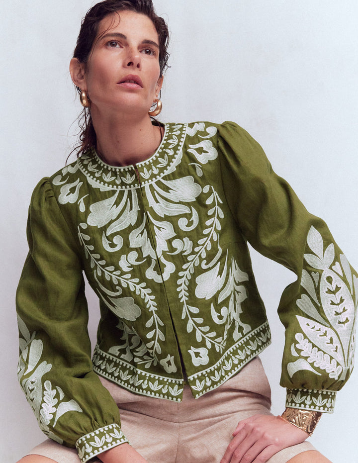 Embroidered Linen Jacket-Woodland Green