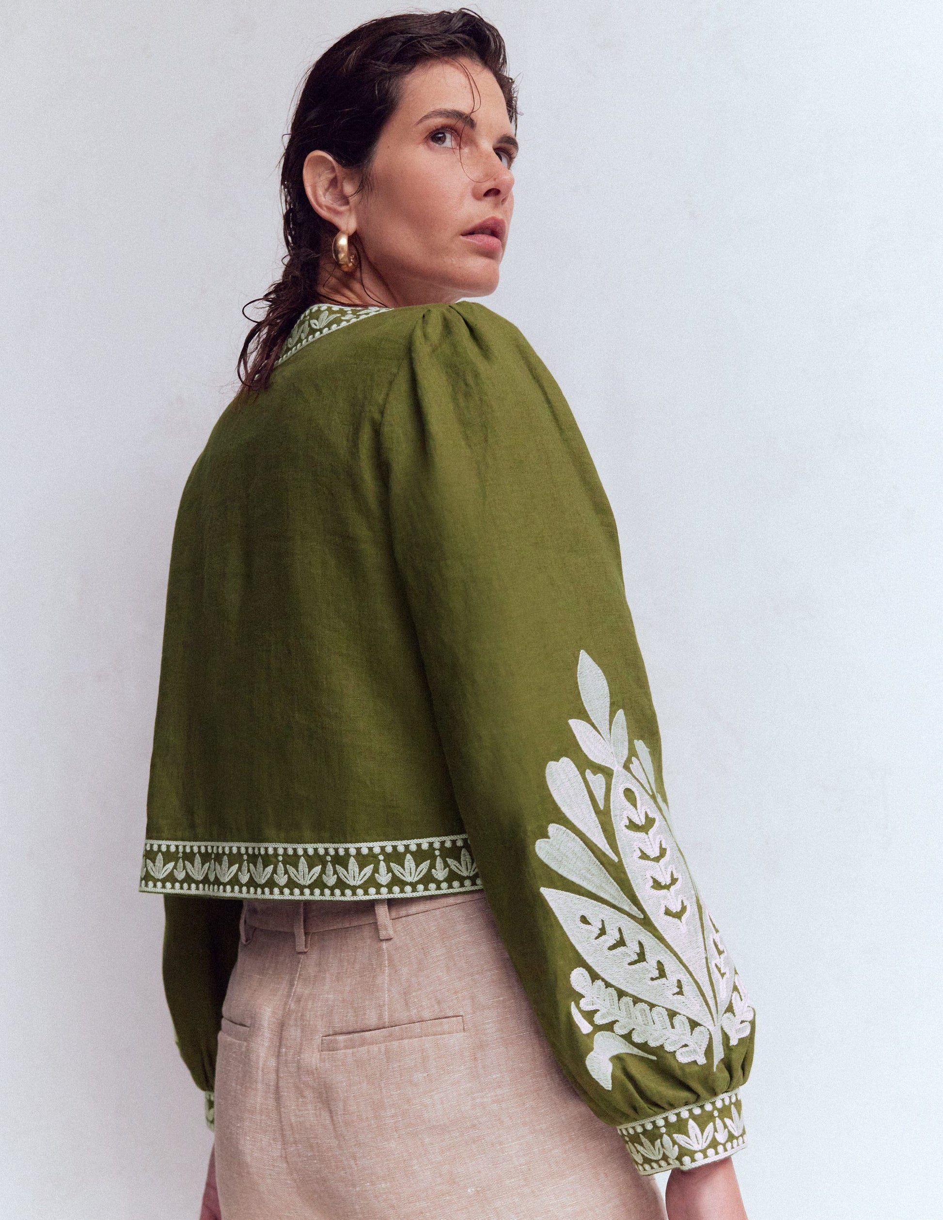 Embroidered Linen Jacket-Woodland Green-4