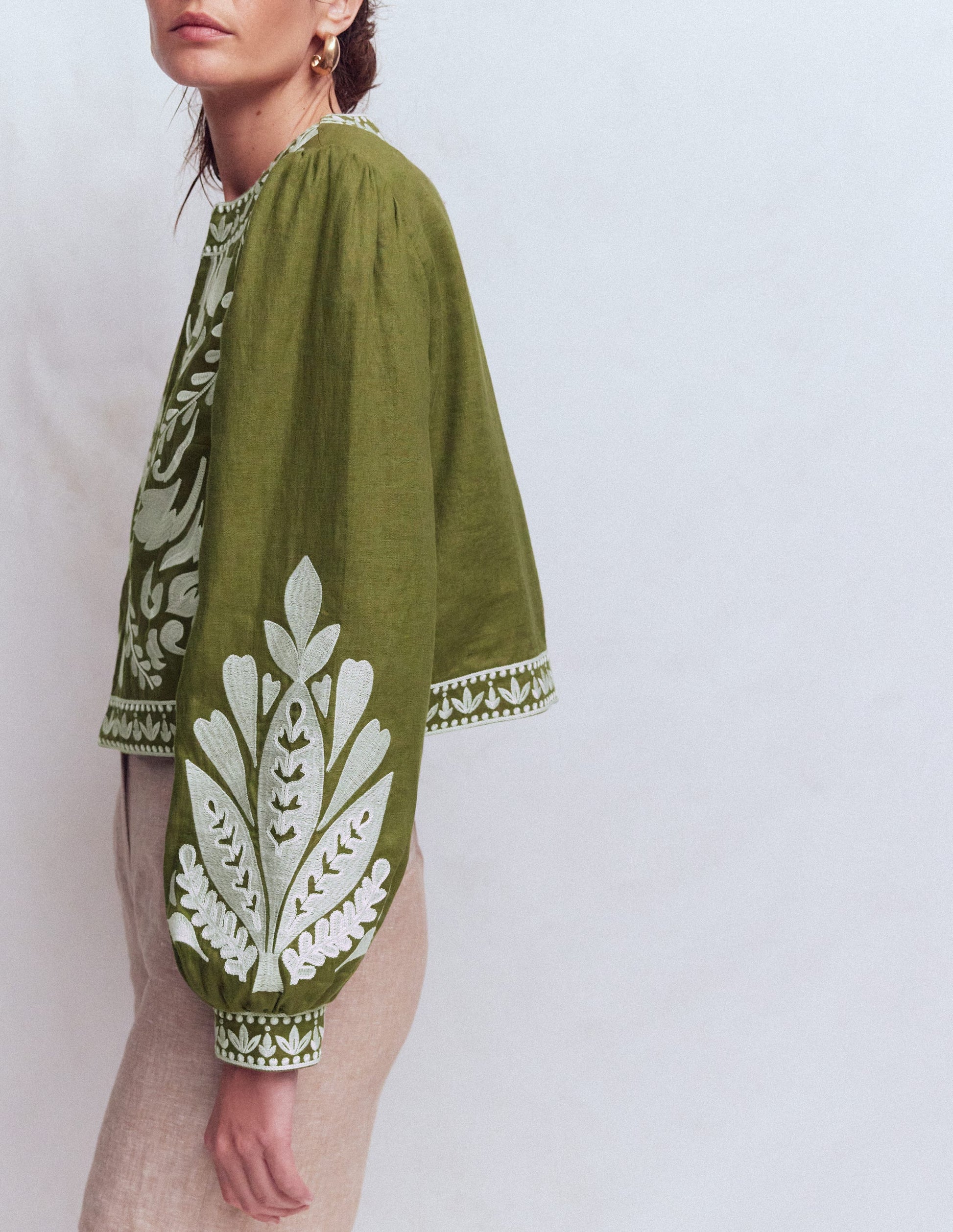 Embroidered Linen Jacket-Woodland Green-6
