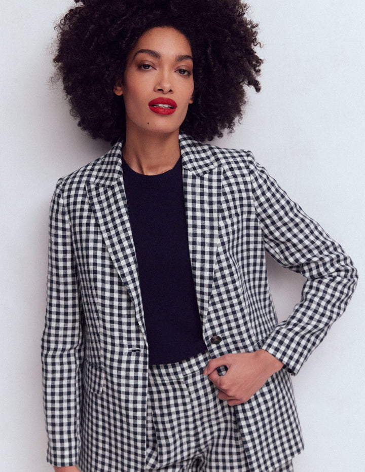 Woodbridge Linen Blazer-Navy & Ivory Gingham