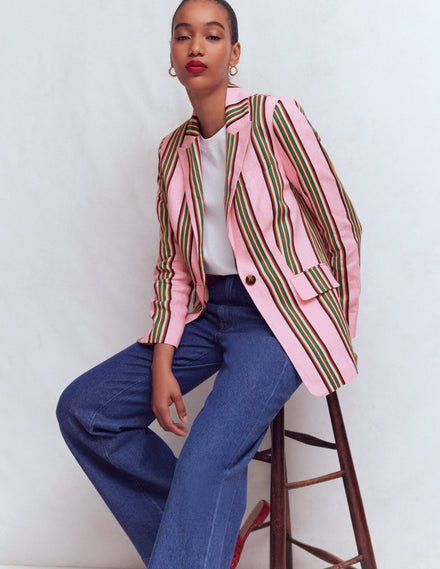 Woodbridge Linen Blazer-Pink, Rich Emerald Stripe