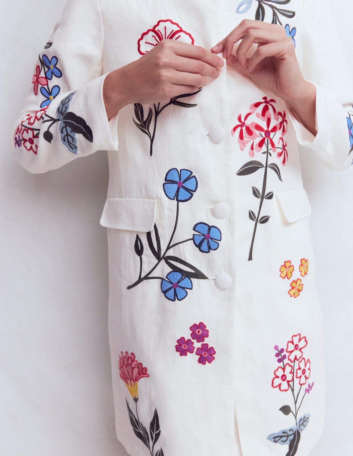 Embroidered Longline Coat-Ivory Embroidered