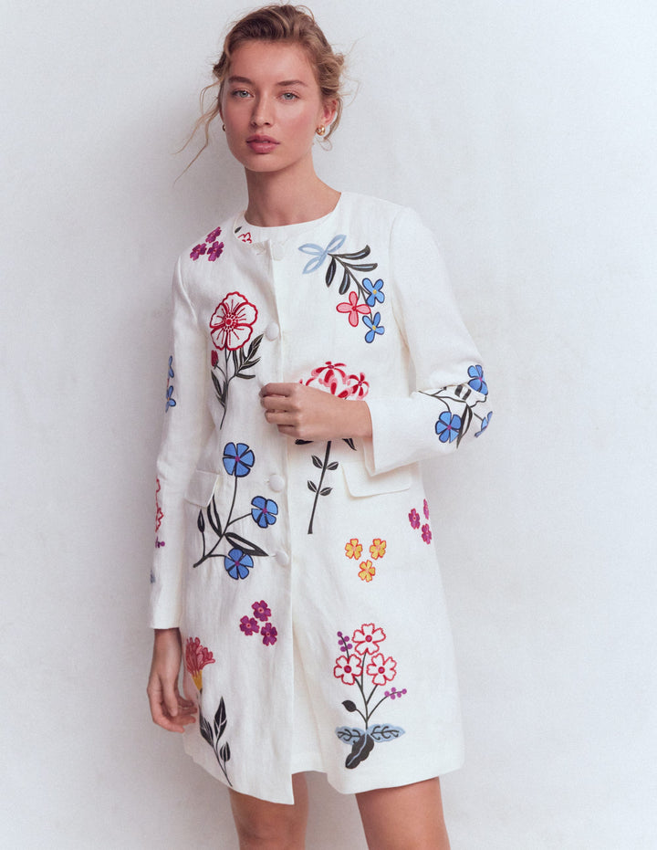 Embroidered Longline Coat-Ivory Embroidered