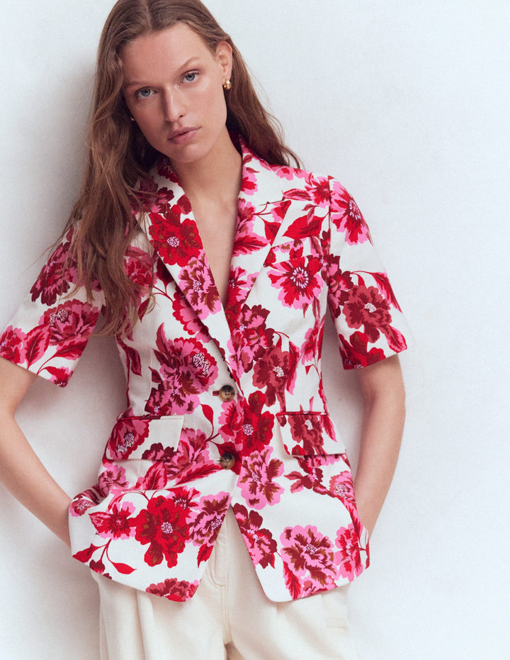 Short Sleeve Cotton Blazer-Sangria Sunset, Floral Print
