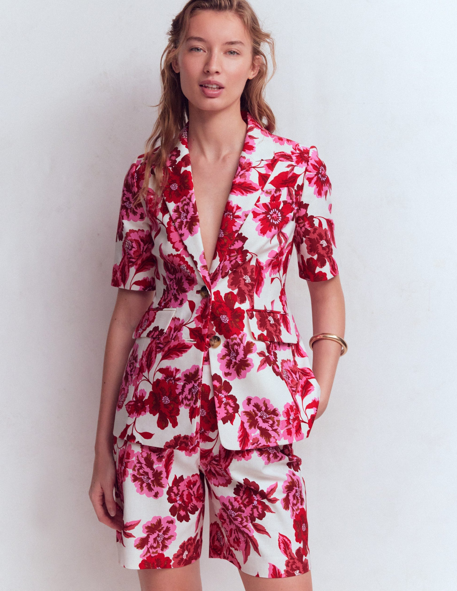 Short Sleeve Cotton Blazer-Sangria Sunset, Floral Print-1