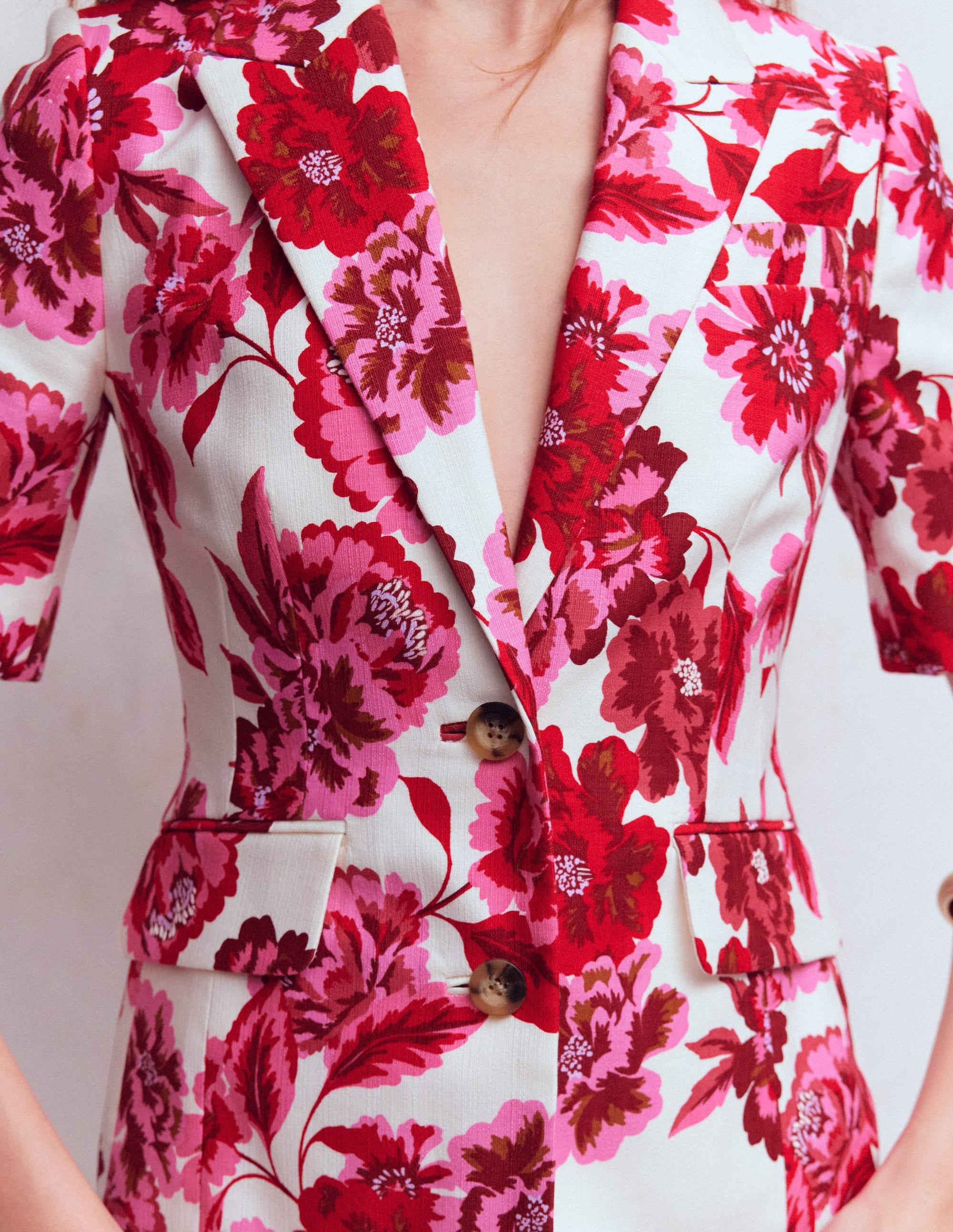 Short Sleeve Cotton Blazer-Sangria Sunset, Floral Print - Image 2