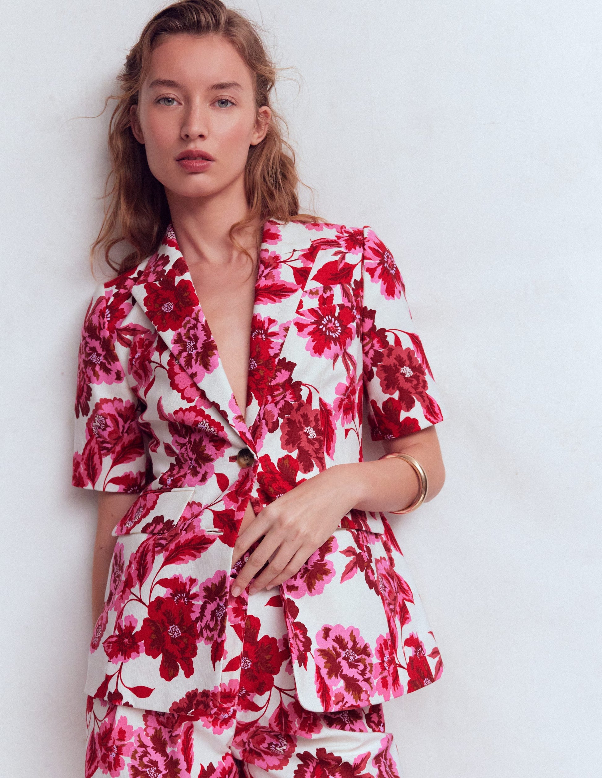Short Sleeve Cotton Blazer-Sangria Sunset, Floral Print-4