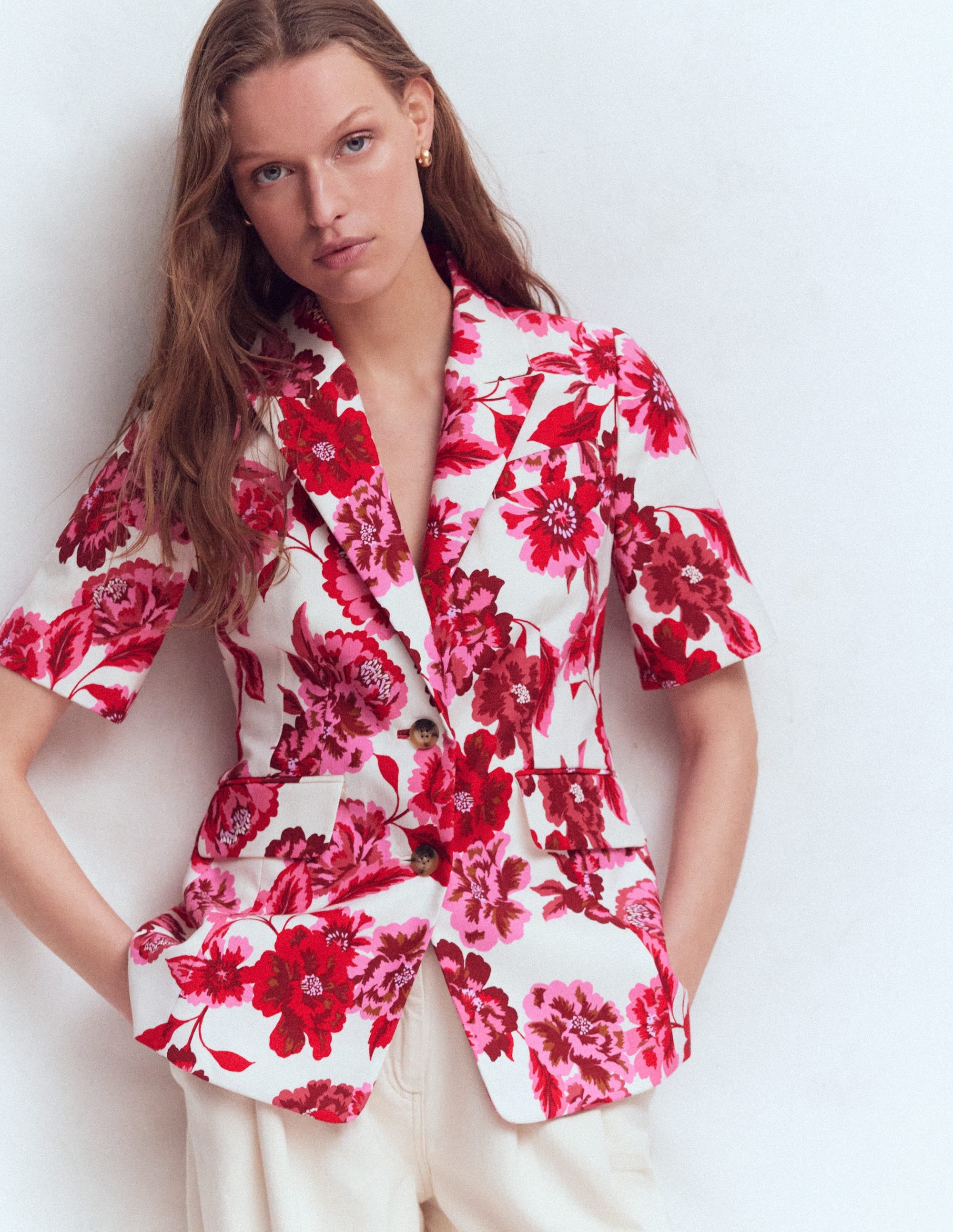 Short Sleeve Cotton Blazer-Sangria Sunset, Floral Print - Image 6