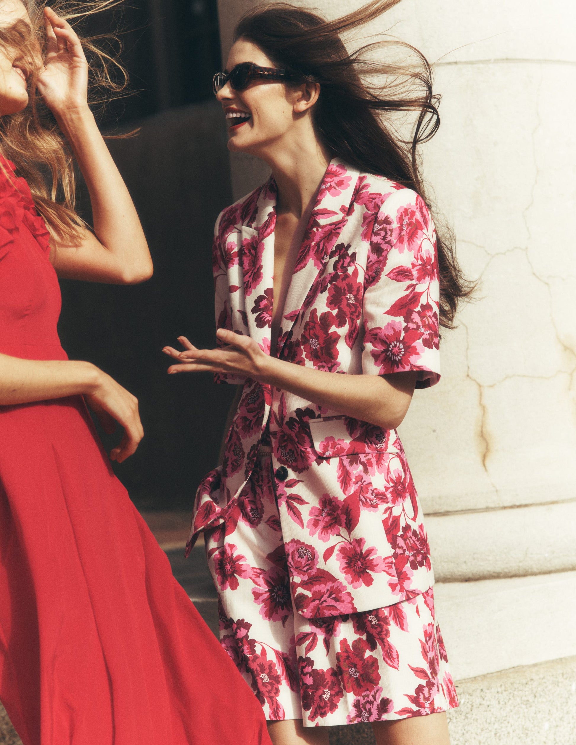 Short Sleeve Cotton Blazer-Sangria Sunset, Floral Print-7