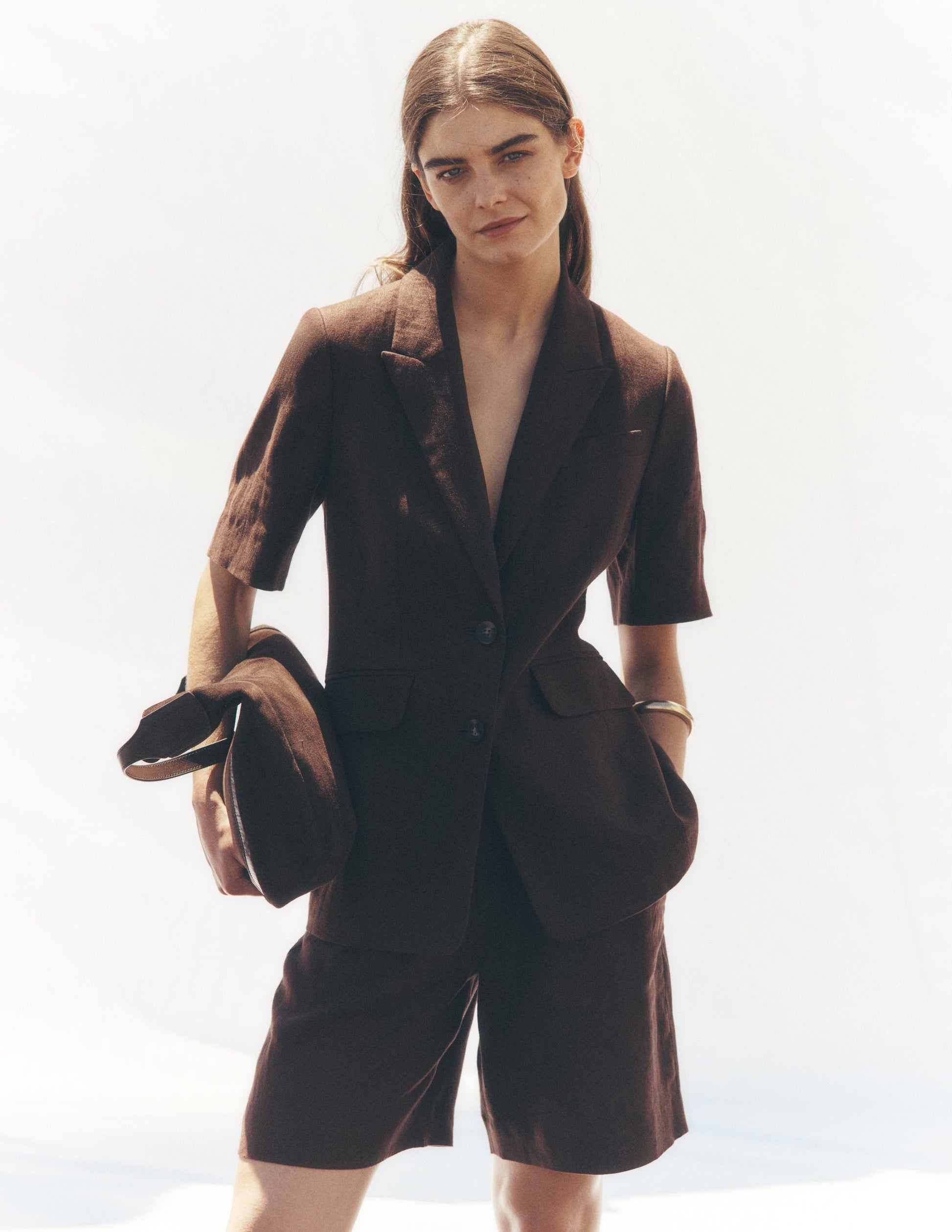 Short Sleeve Linen Blazer-Bitter Chocolate-1