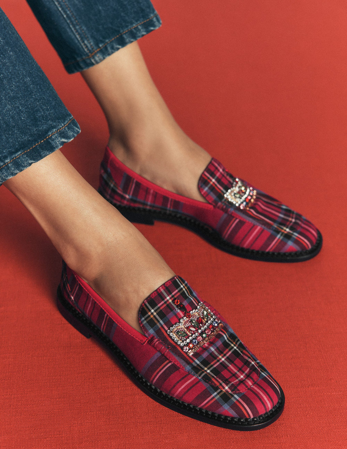 Nya Penny Loafers-Red Tartan, Crown-2