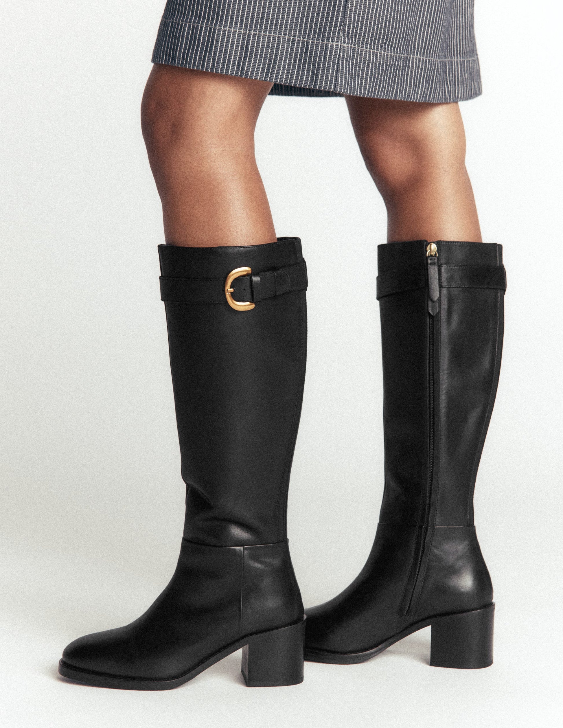 Buckle Detail Knee Boot-Black-2