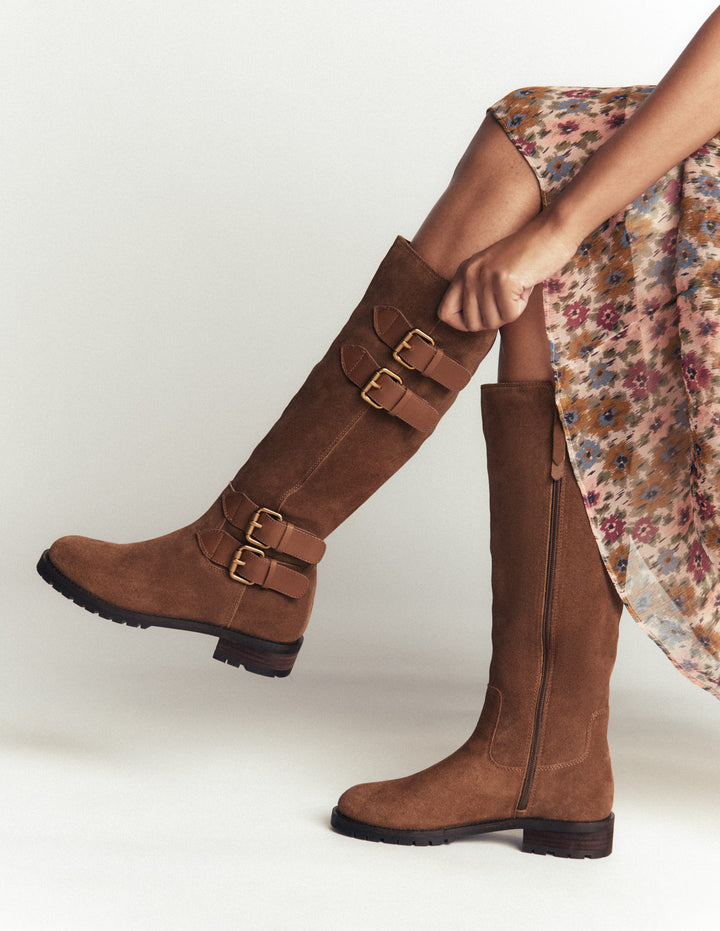Multi Buckle Knee Boots-Tan