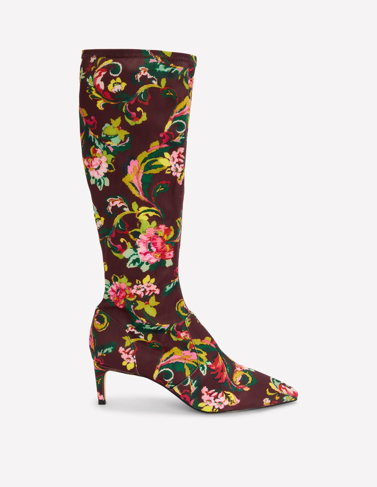 Stretch Kitten Heel Boots-Floral Print-1