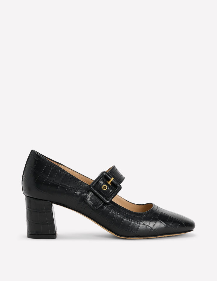Buckle Strap Block Heels-Black Croc Embossed
