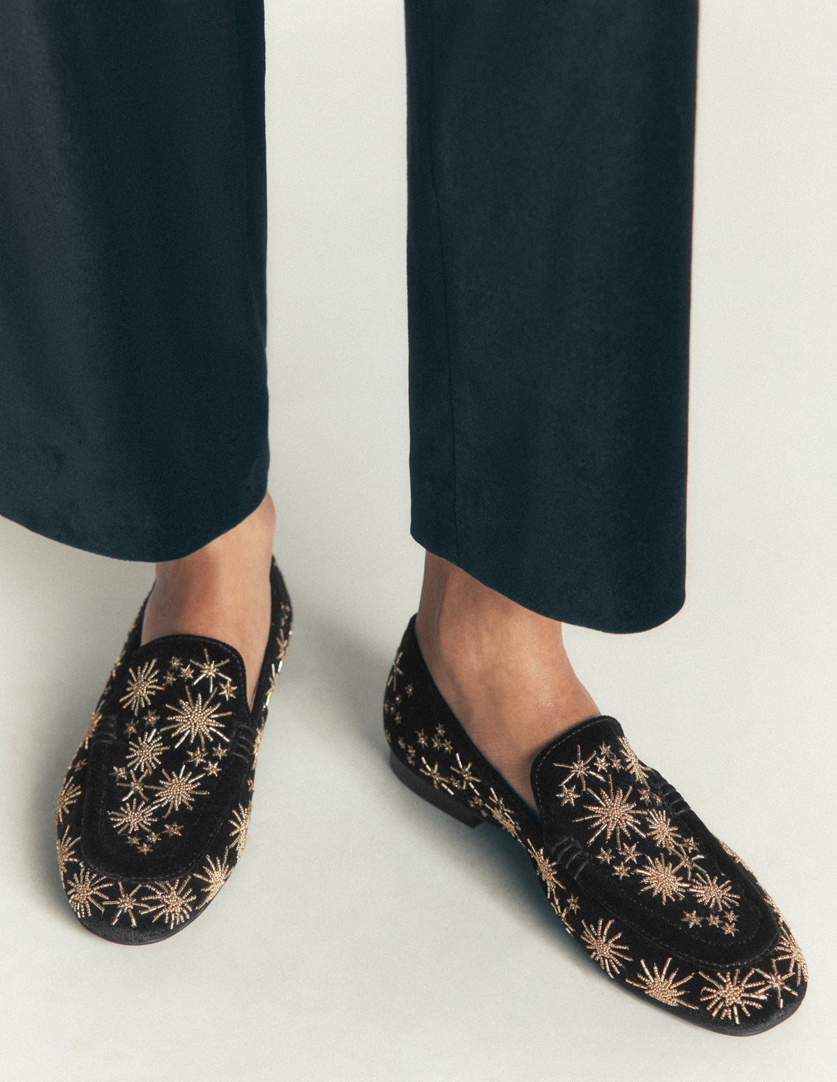 Dinah Embellished Loafers-Black, Gold Stars-2