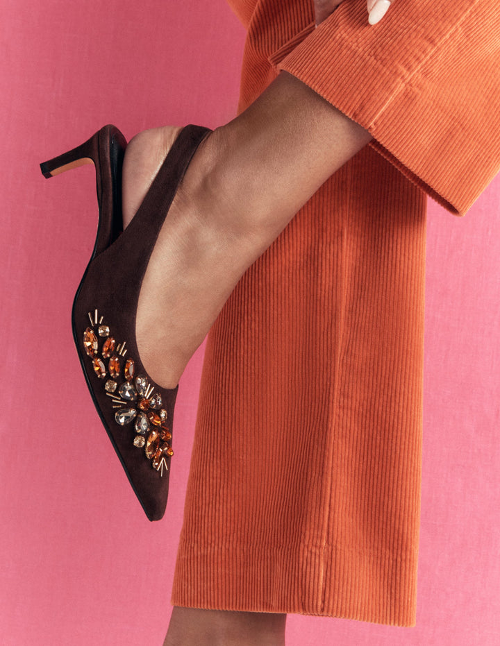 Hope Pointed Slingback Heels-Bitter Choc Embellished