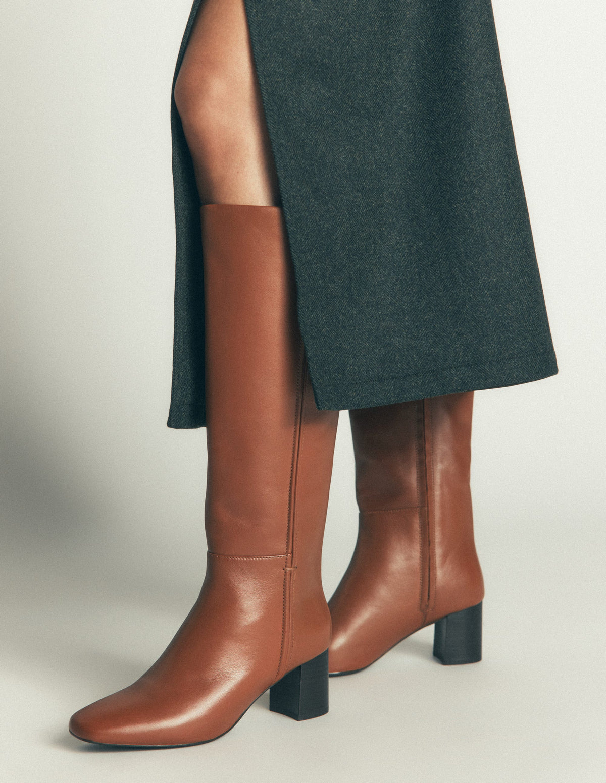 Seam Detail Knee Boots-Tan Leather-2