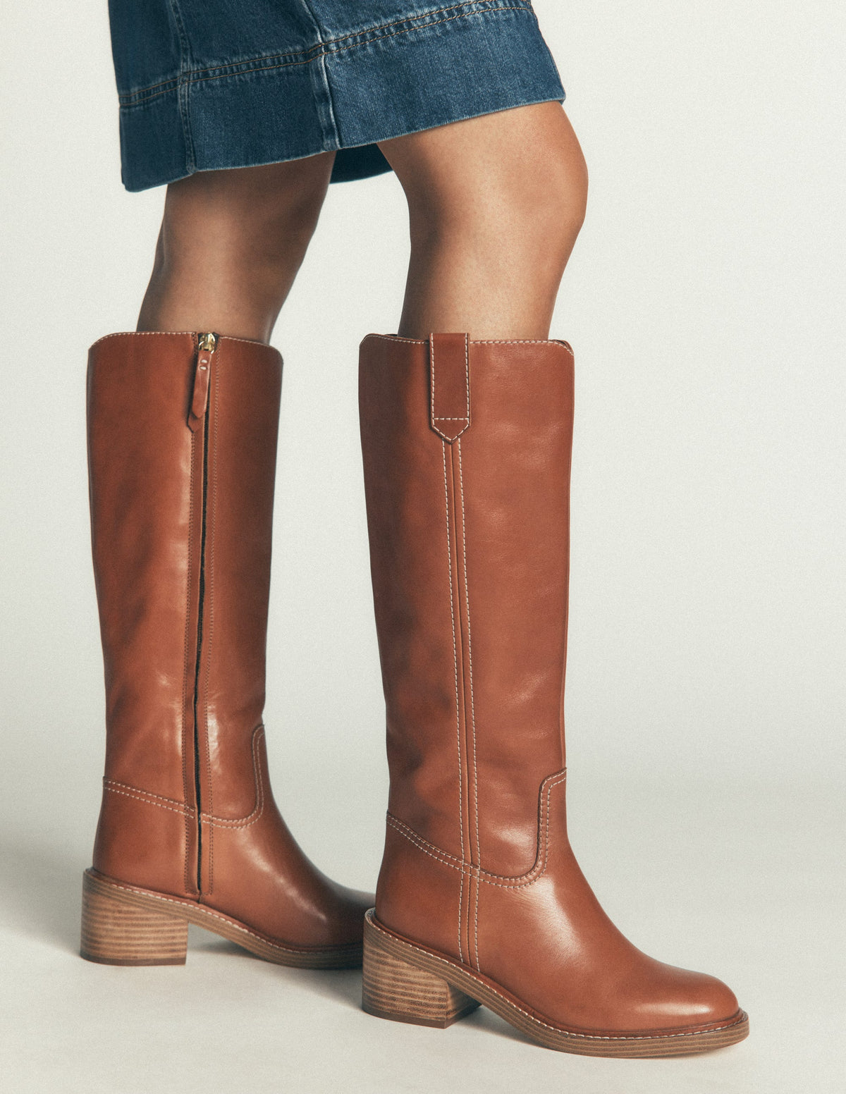 Casual Stitch Knee Boots-Tan Leather-2