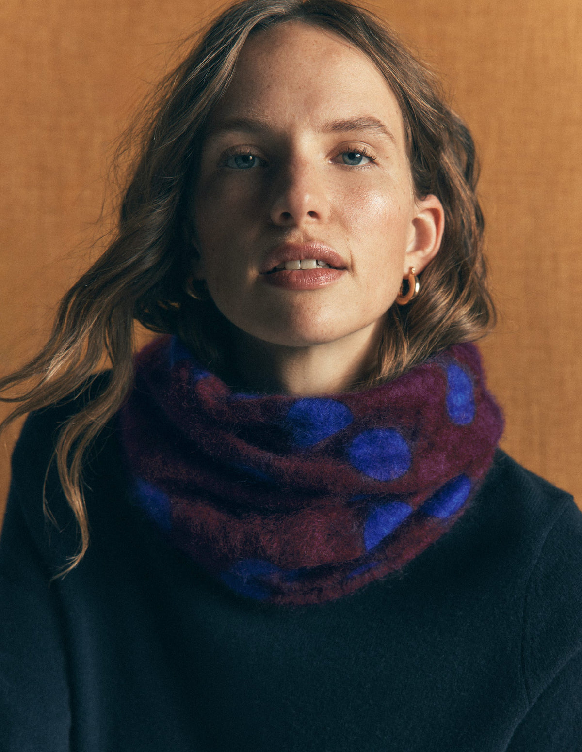 Brushed Cashmere Snood-Dark Cherry, Blue Spot-2