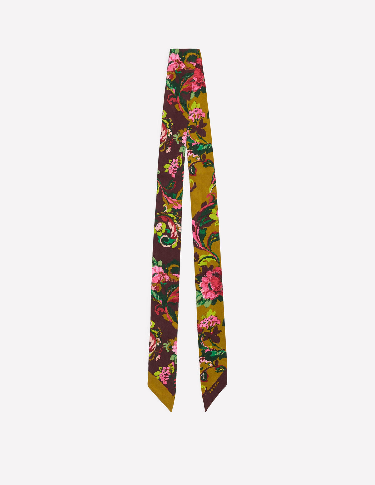 Octavia Skinny Silk Scarf-Green and Brown Paisley - Image 1