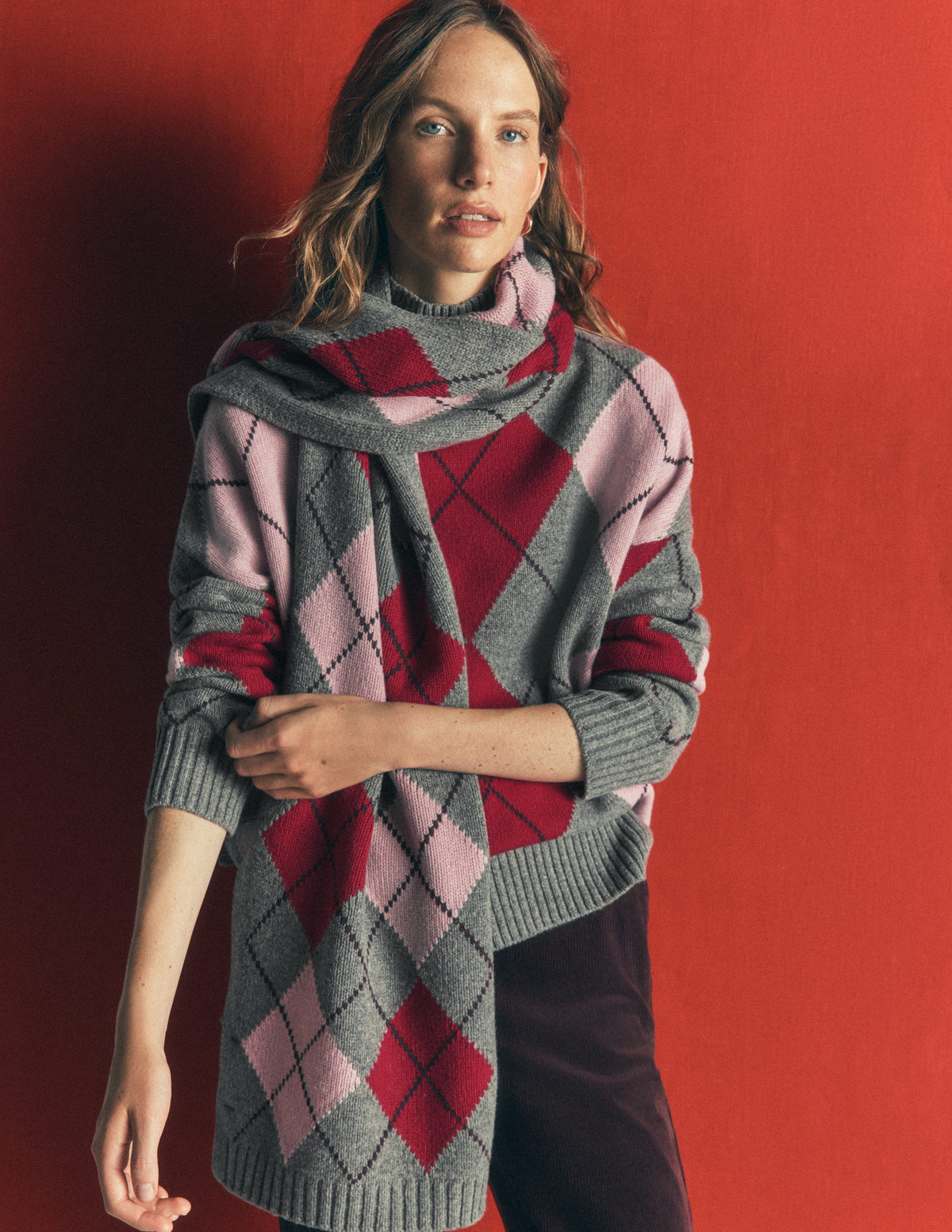 Knit Scarf-Charcoal, Red and Pink Argyle - Image 2