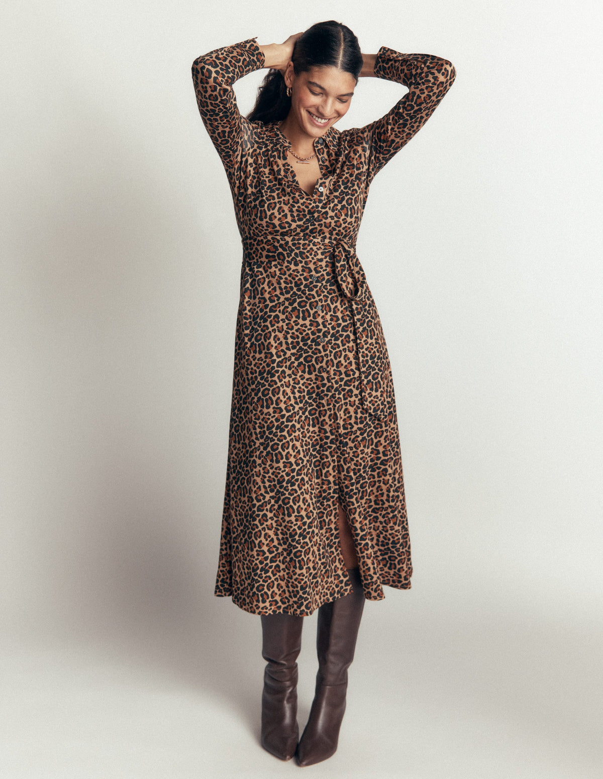 Marcia Jersey Shirt Dress-Camel, Leopard Fields-1