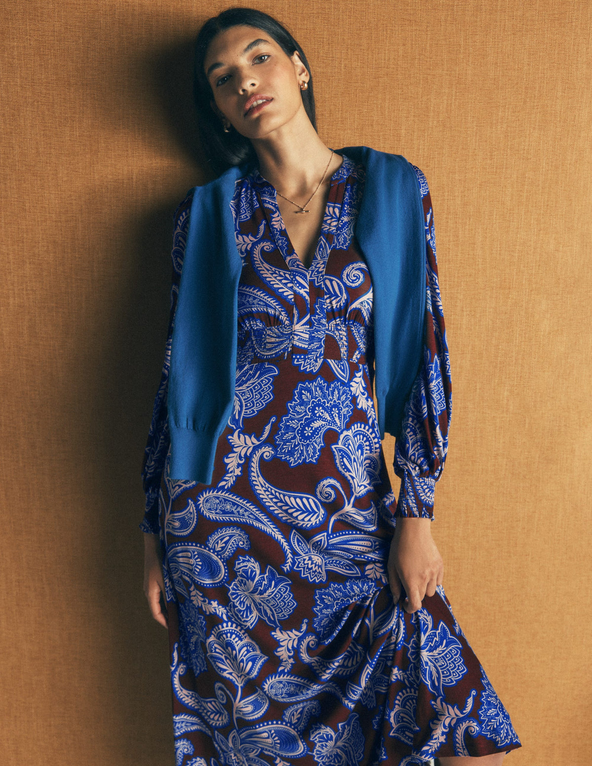 Georgia Jersey Midi Dress-Raw Umber, Paisley Bouquet - Image 1
