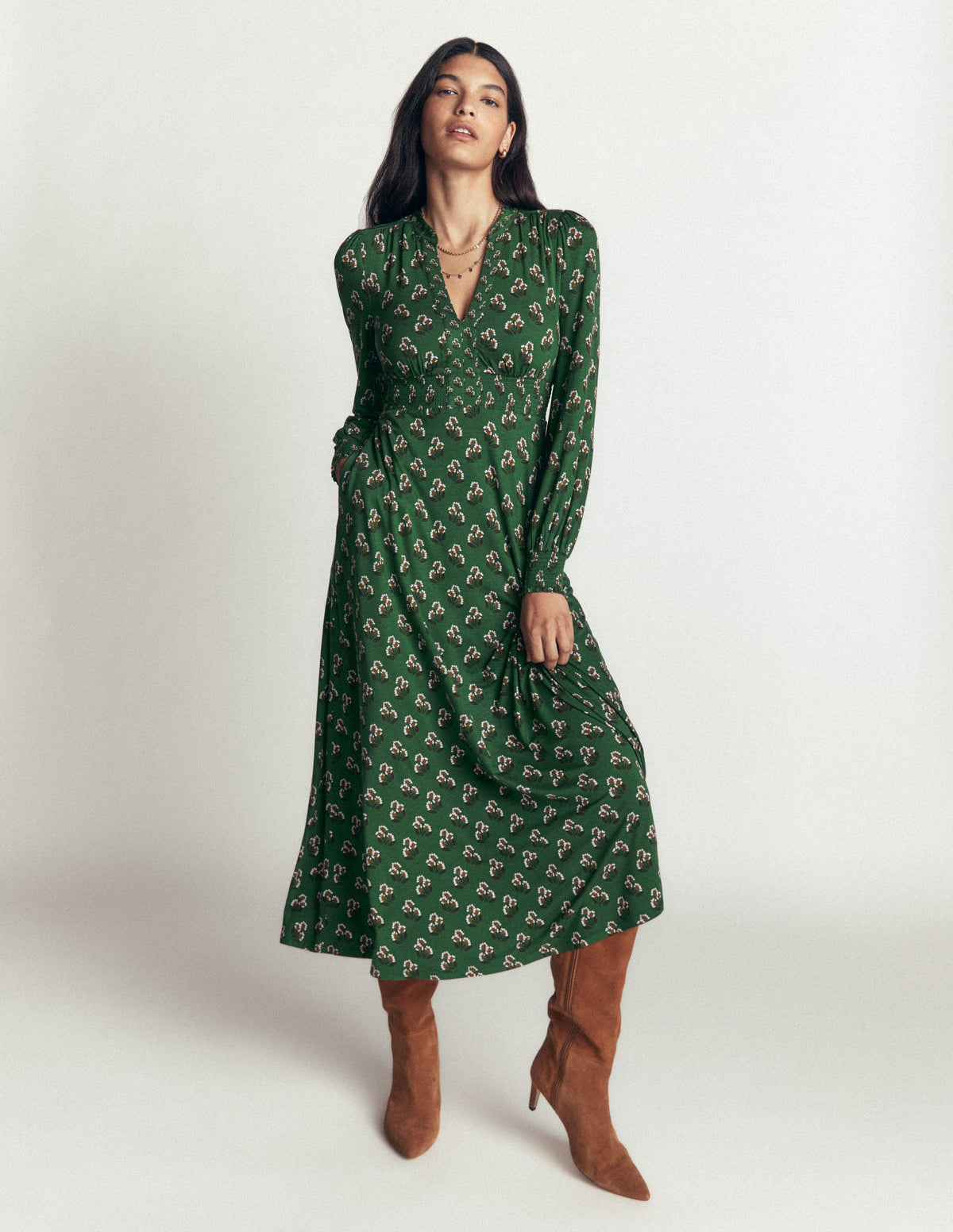 Georgia Jersey Midi Dress-Dark Green, Ditsy Carnation - Image 1