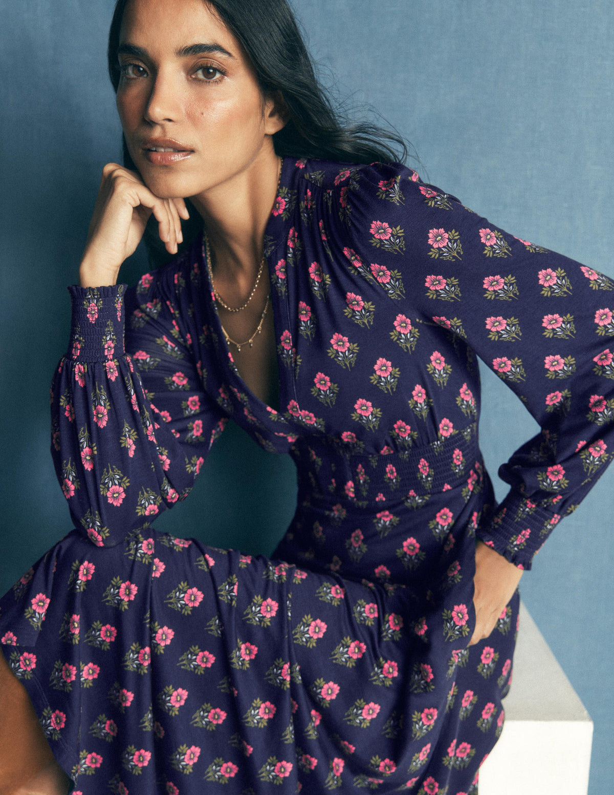 Georgia Jersey Midi Dress-Navy, Flourishing Spring Stamp - Image 2