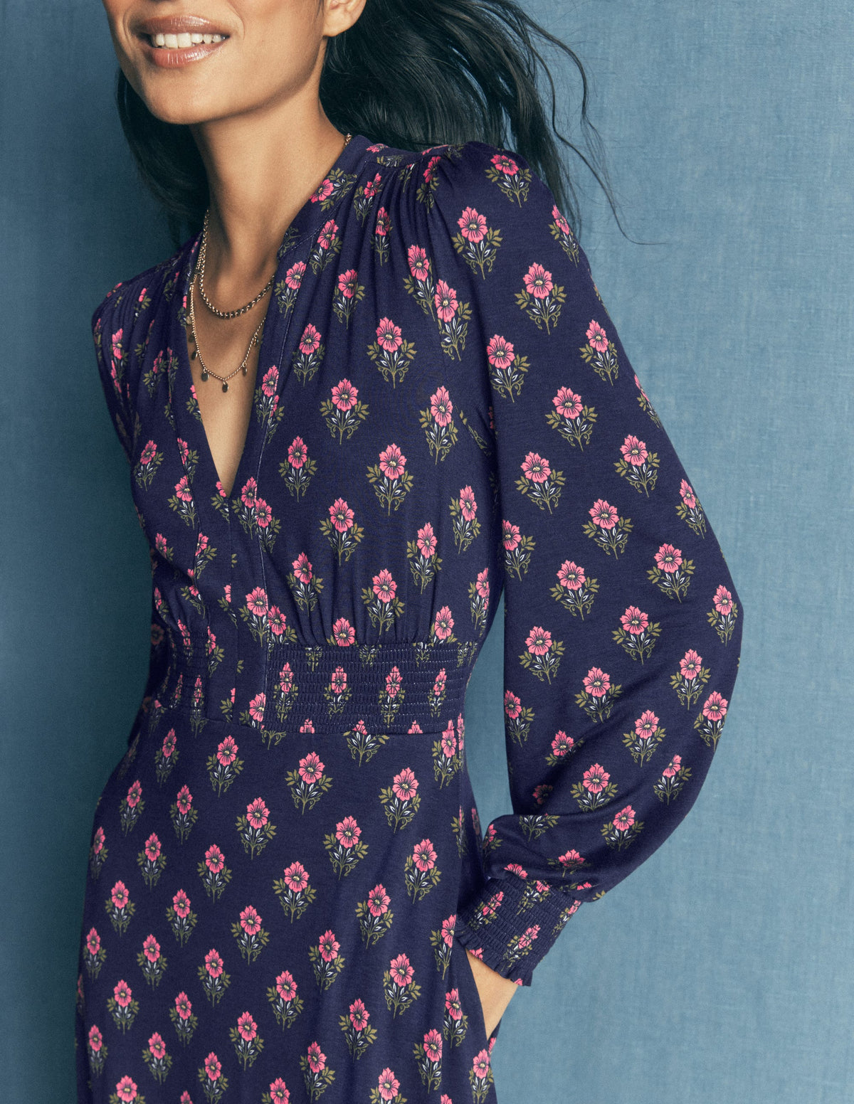 Georgia Jersey Midi Dress-Navy, Flourishing Spring Stamp-4