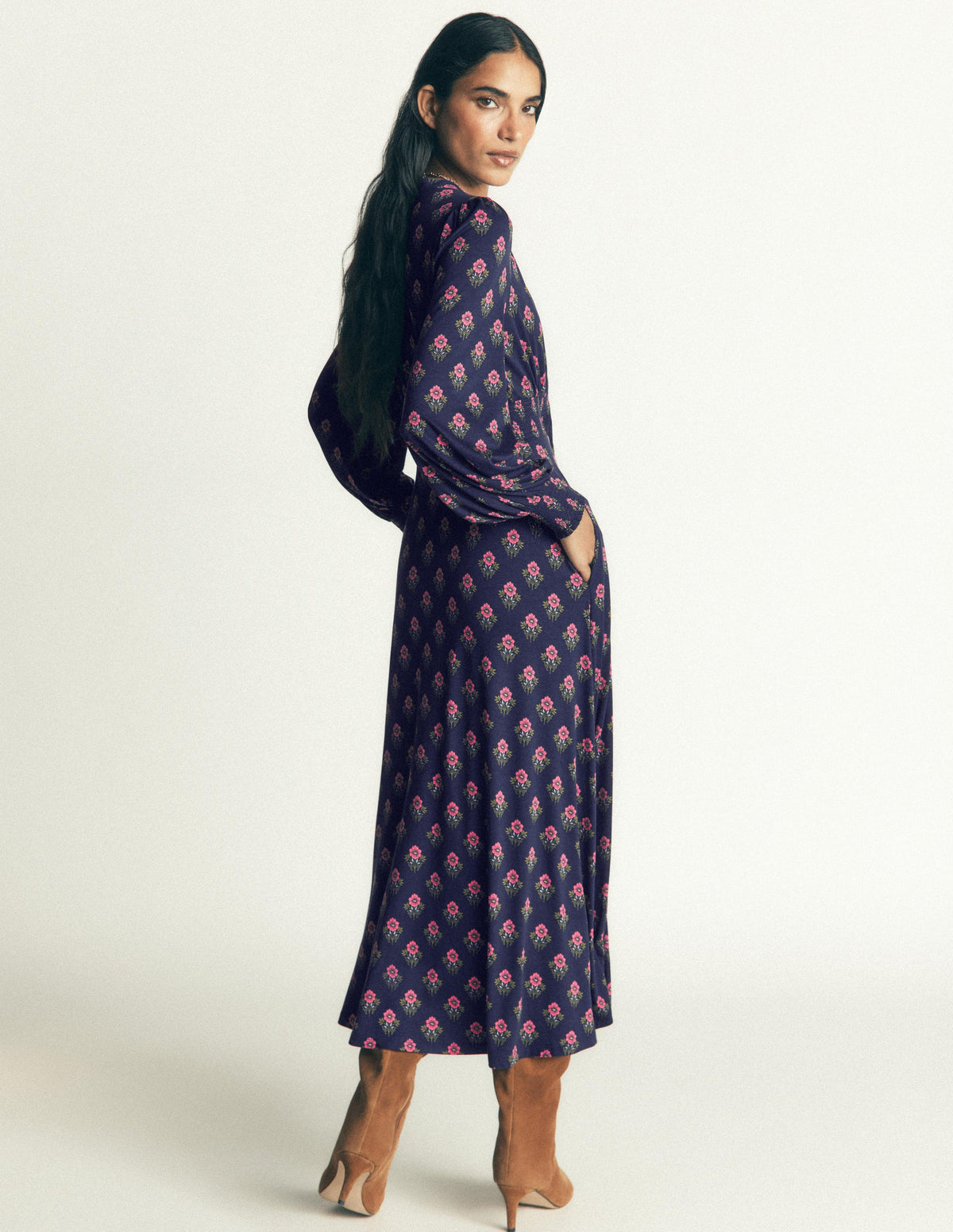 Georgia Jersey Midi Dress-Navy, Flourishing Spring Stamp - Image 4