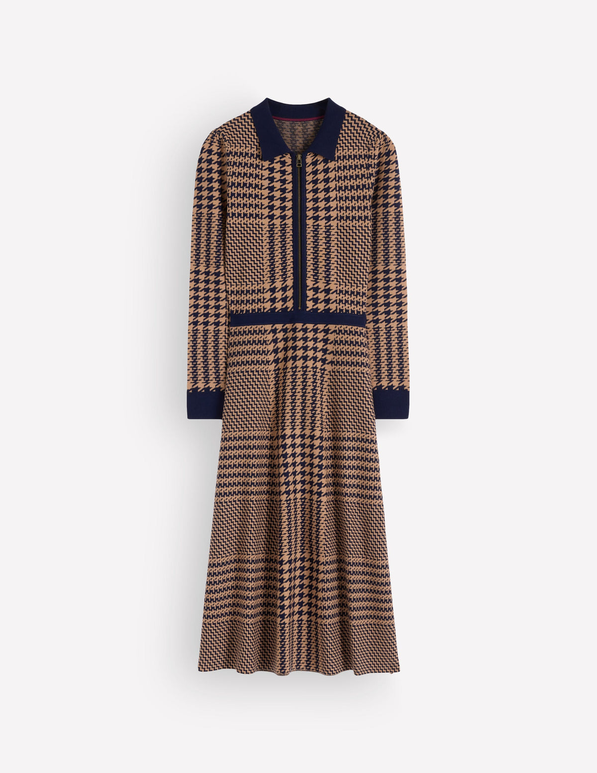 Fiona Zip Front Knitted Dress-Camel and Navy Check - Image 7