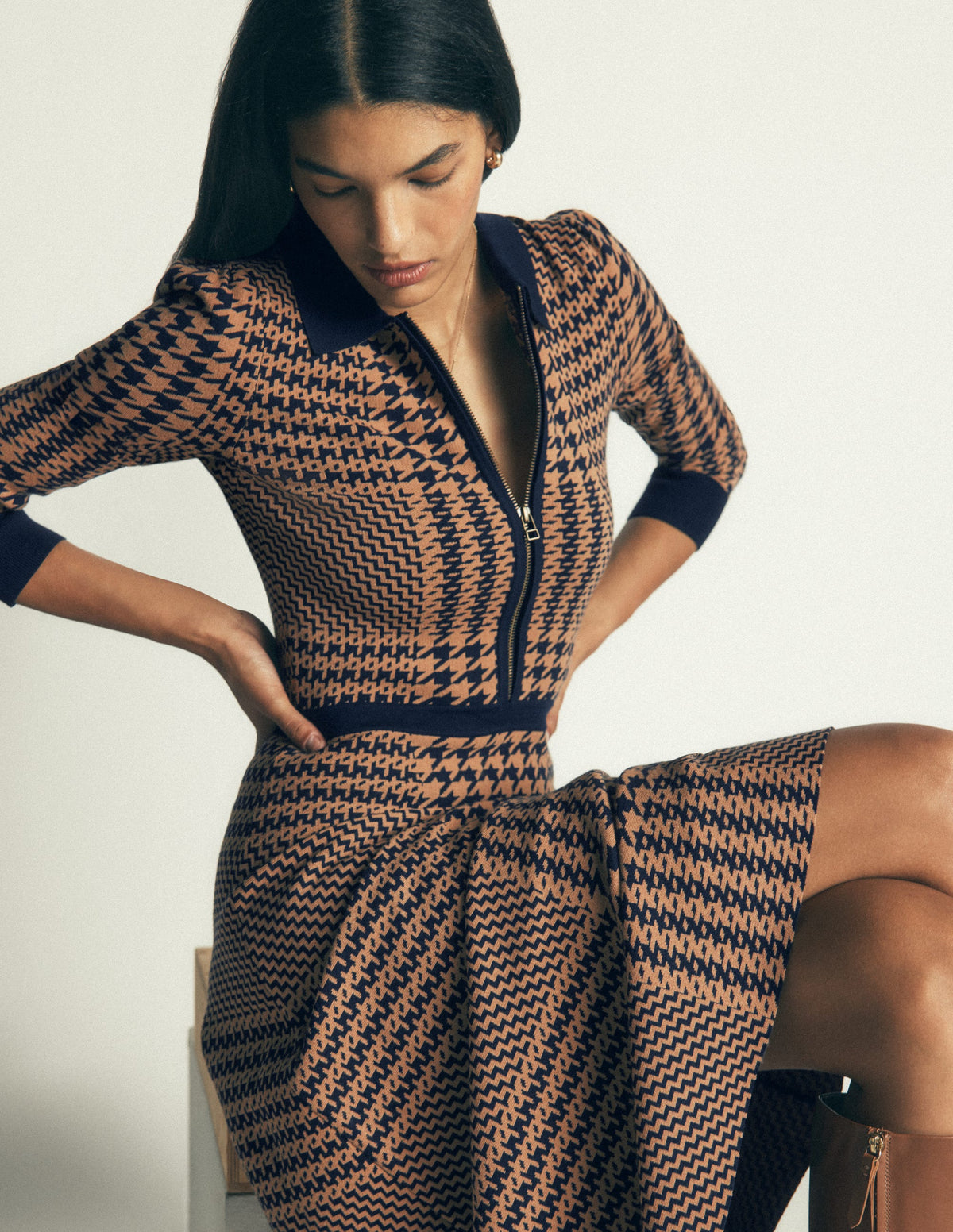 Fiona Zip Front Knitted Dress-Camel and Navy Check-1
