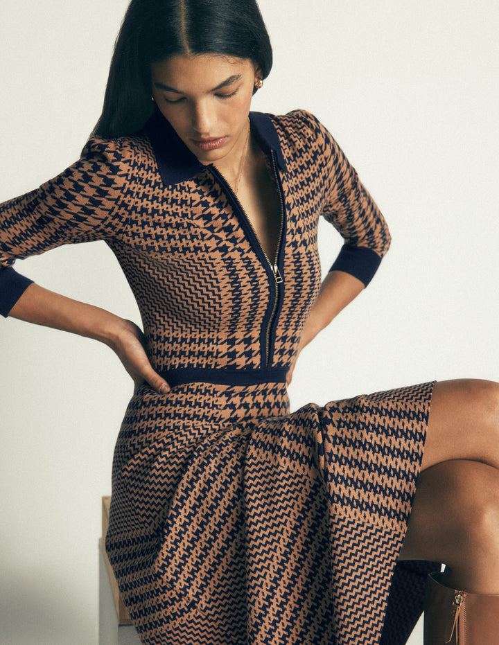 Fiona Zip Front Knitted Dress-Camel and Navy Check