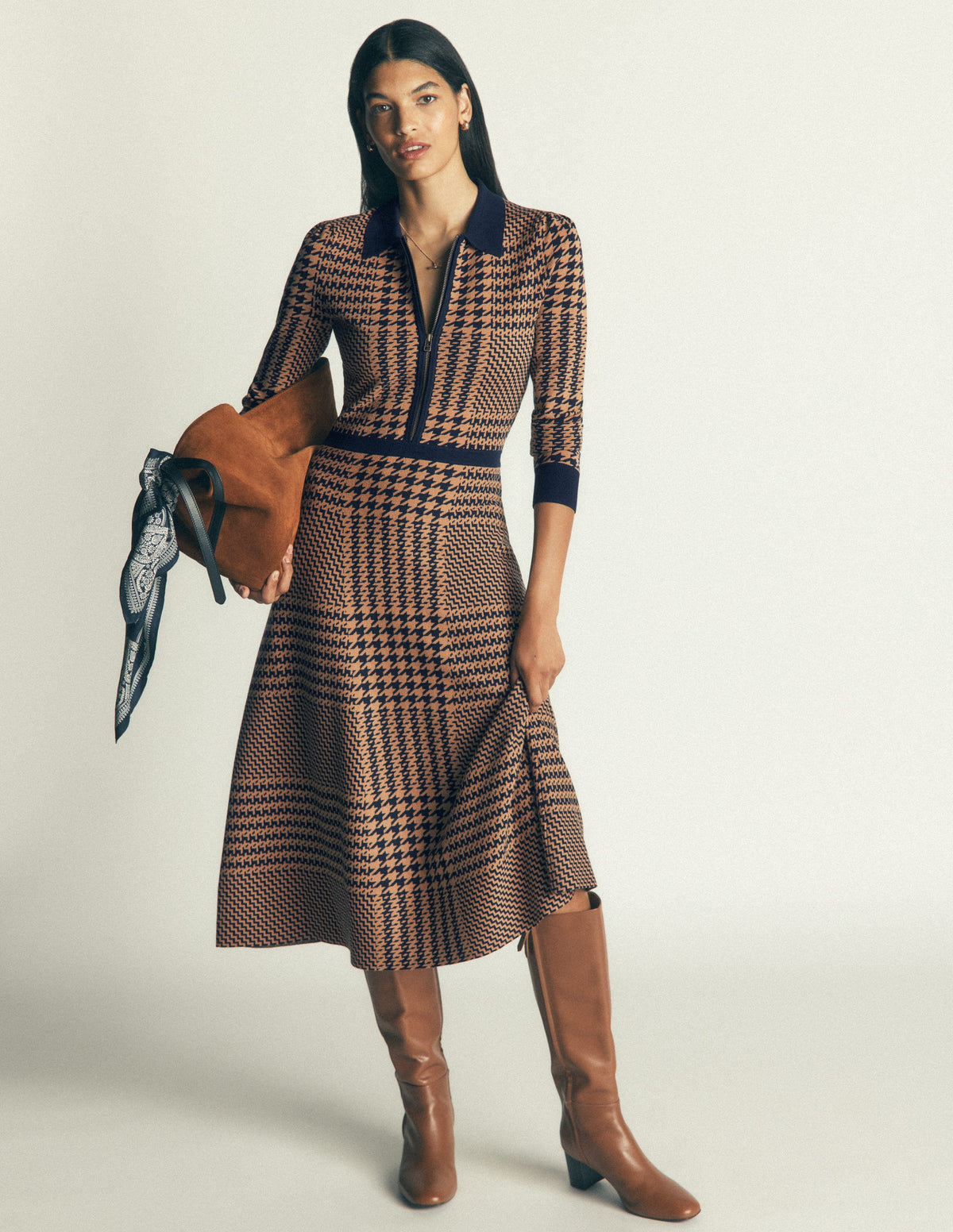 Fiona Zip Front Knitted Dress-Camel and Navy Check-5