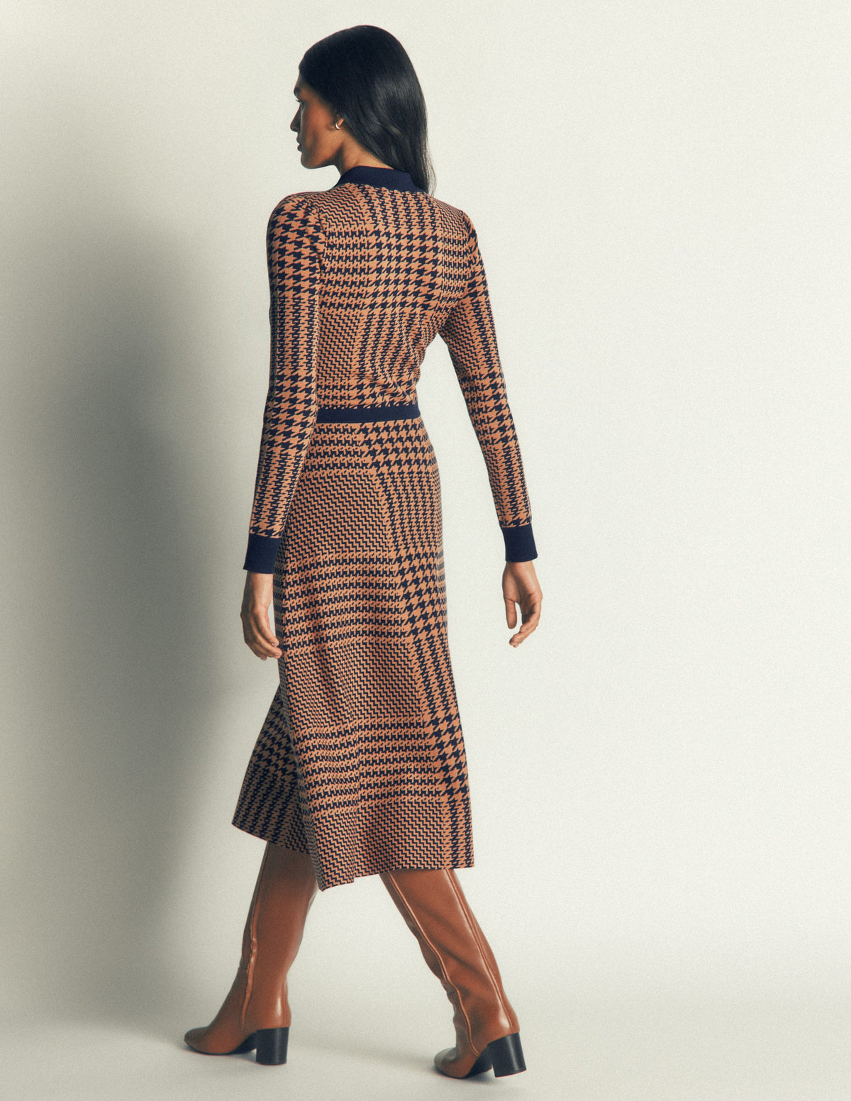 Fiona Zip Front Knitted Dress-Camel and Navy Check-6
