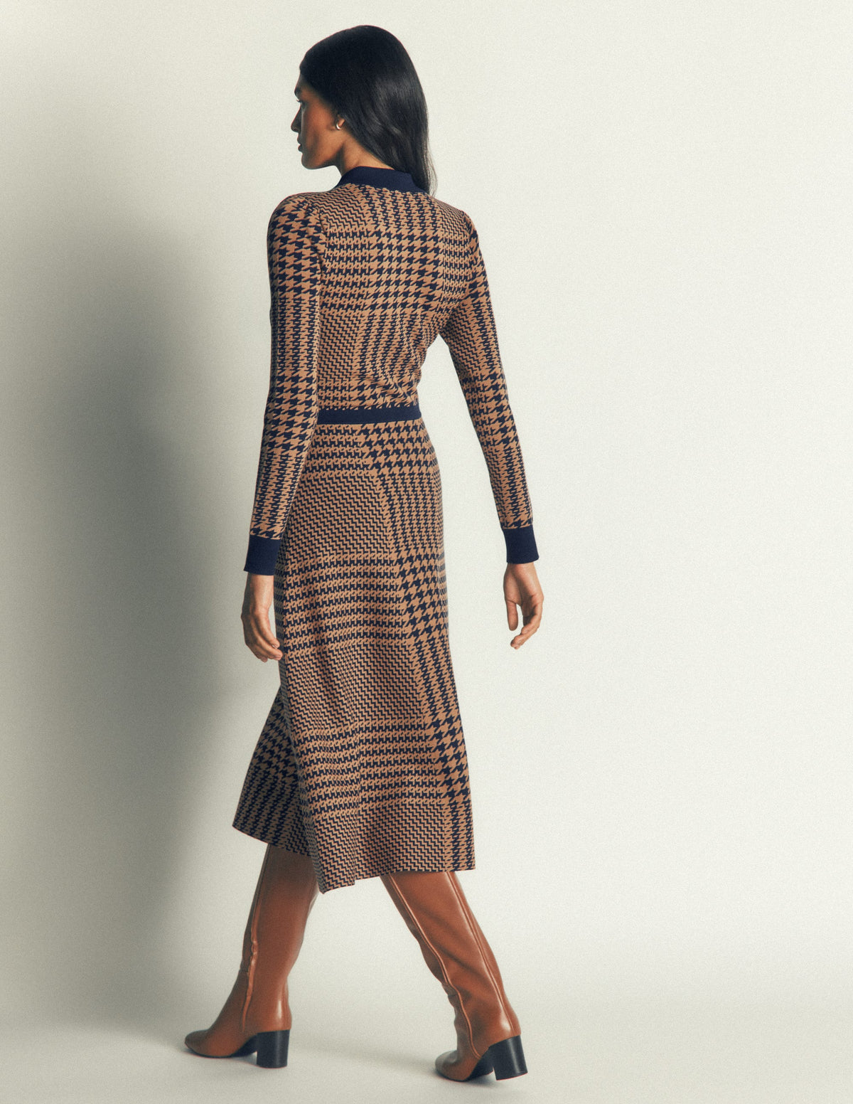 Fiona Zip Front Knitted Dress-Camel and Navy Check-6