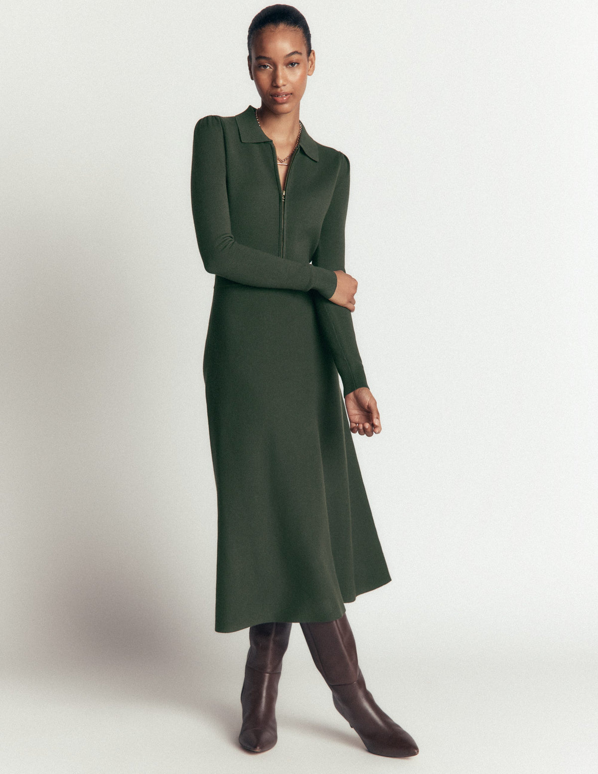Fiona Zip Front Knitted Dress-Hunter Green - Image 4
