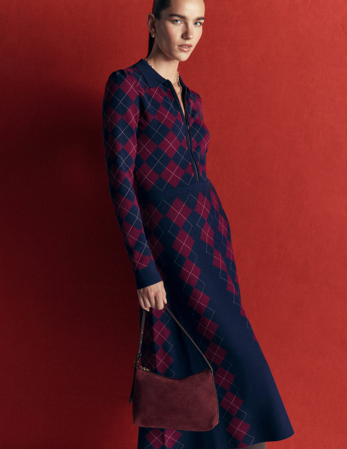 Fiona Zip Front Knitted Dress-Navy and Maroon Argyle - Image 2
