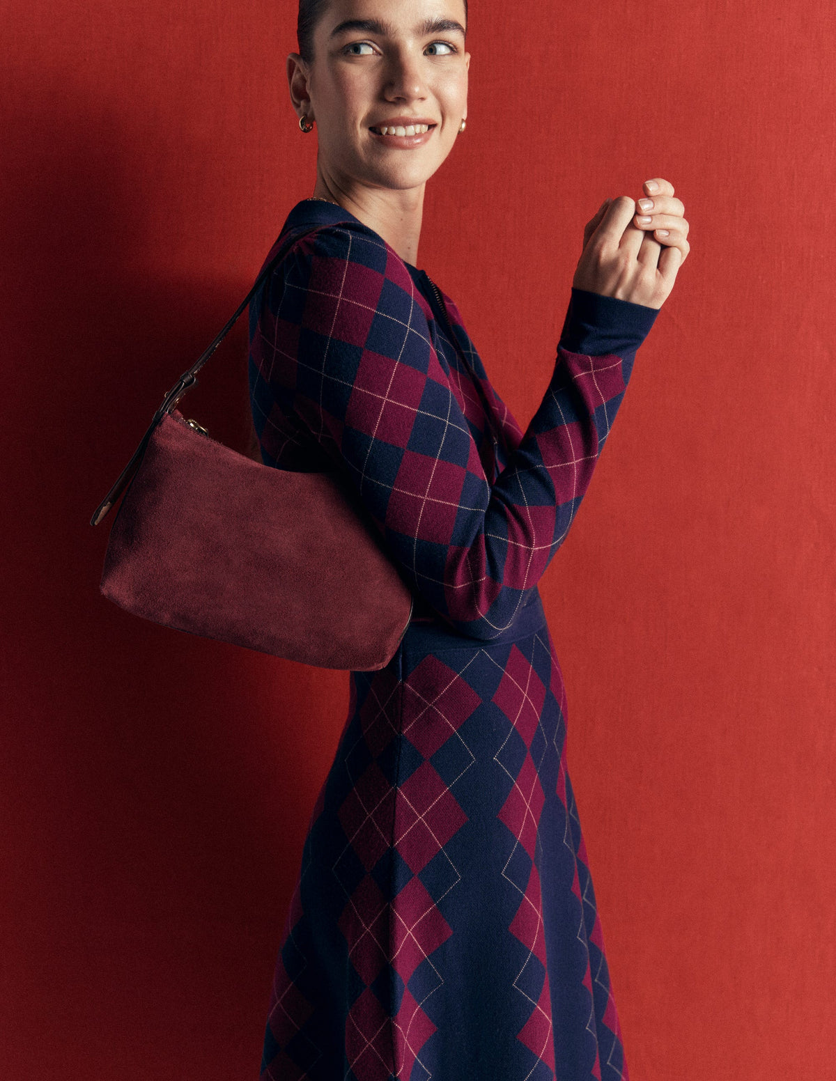 Fiona Zip Front Knitted Dress-Navy and Maroon Argyle - Image 3