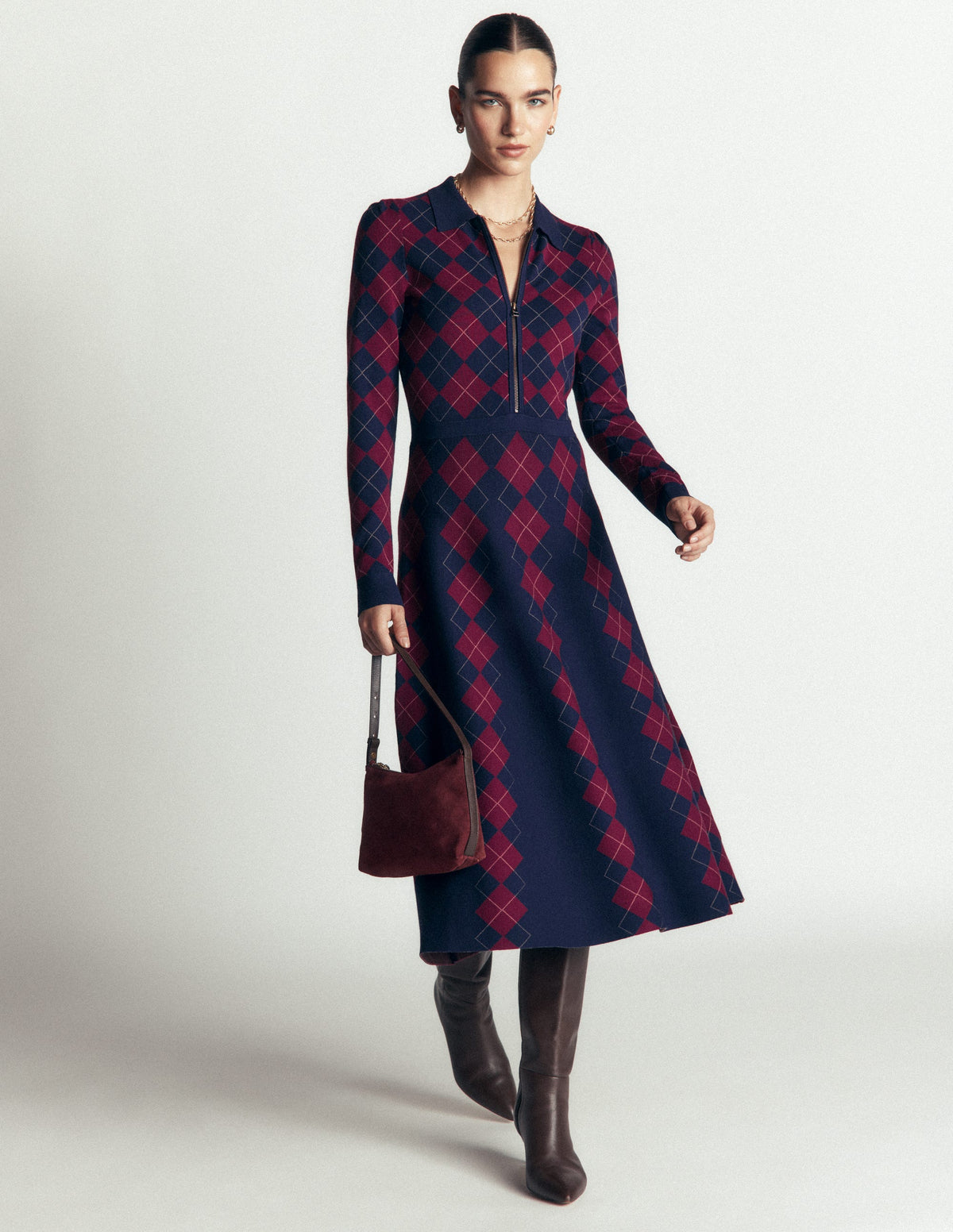 Fiona Zip Front Knitted Dress-Navy and Maroon Argyle - Image 5