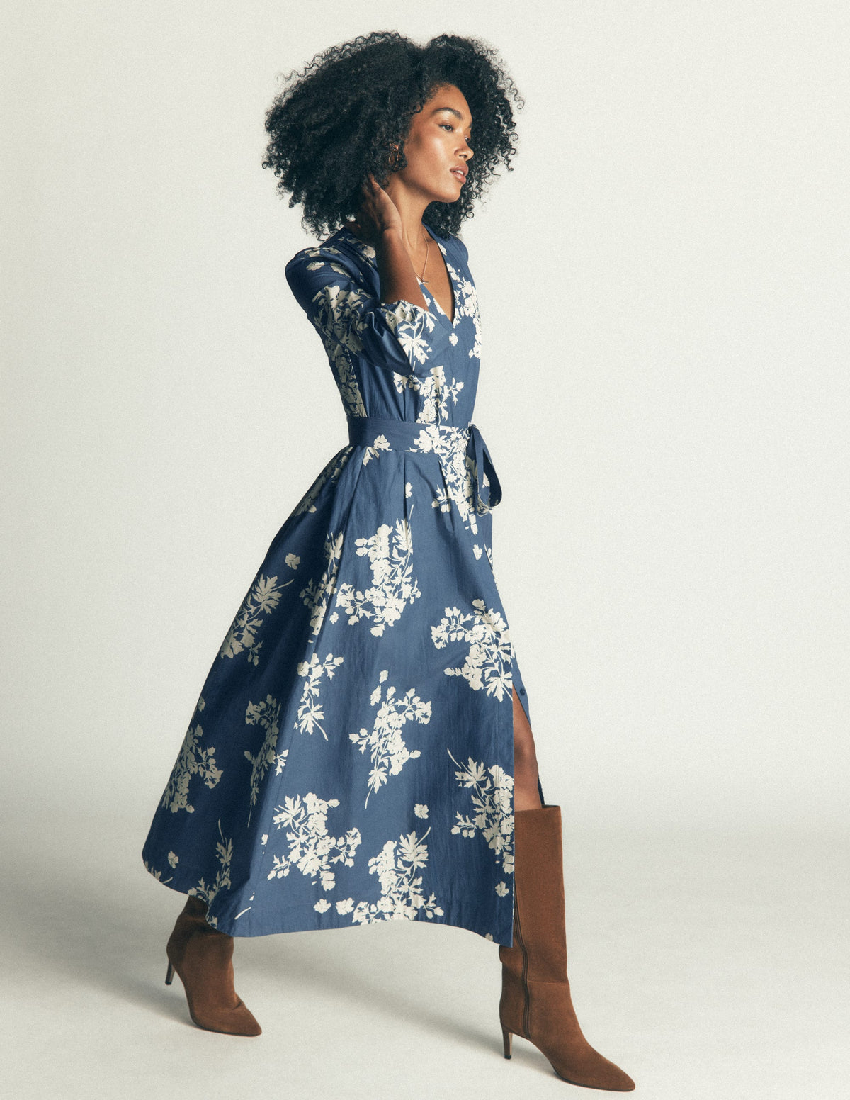 Nicola Cotton Midi Dress-Blue, Flecked Bunch - Image 1